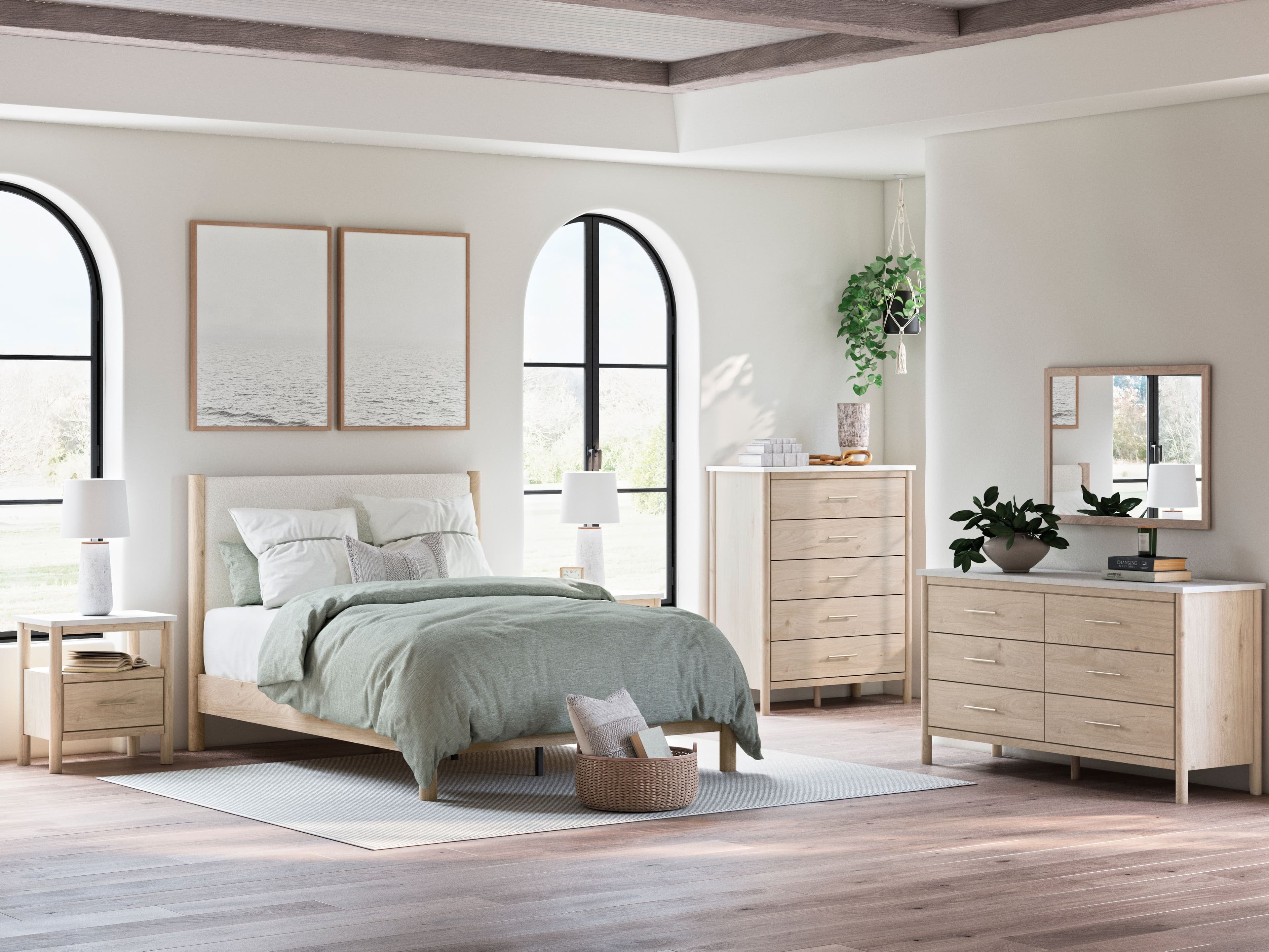 8 Pc. · Dresser, Mirror, Chest, Queen Upholstered Panel Bed, 2 Nightstands