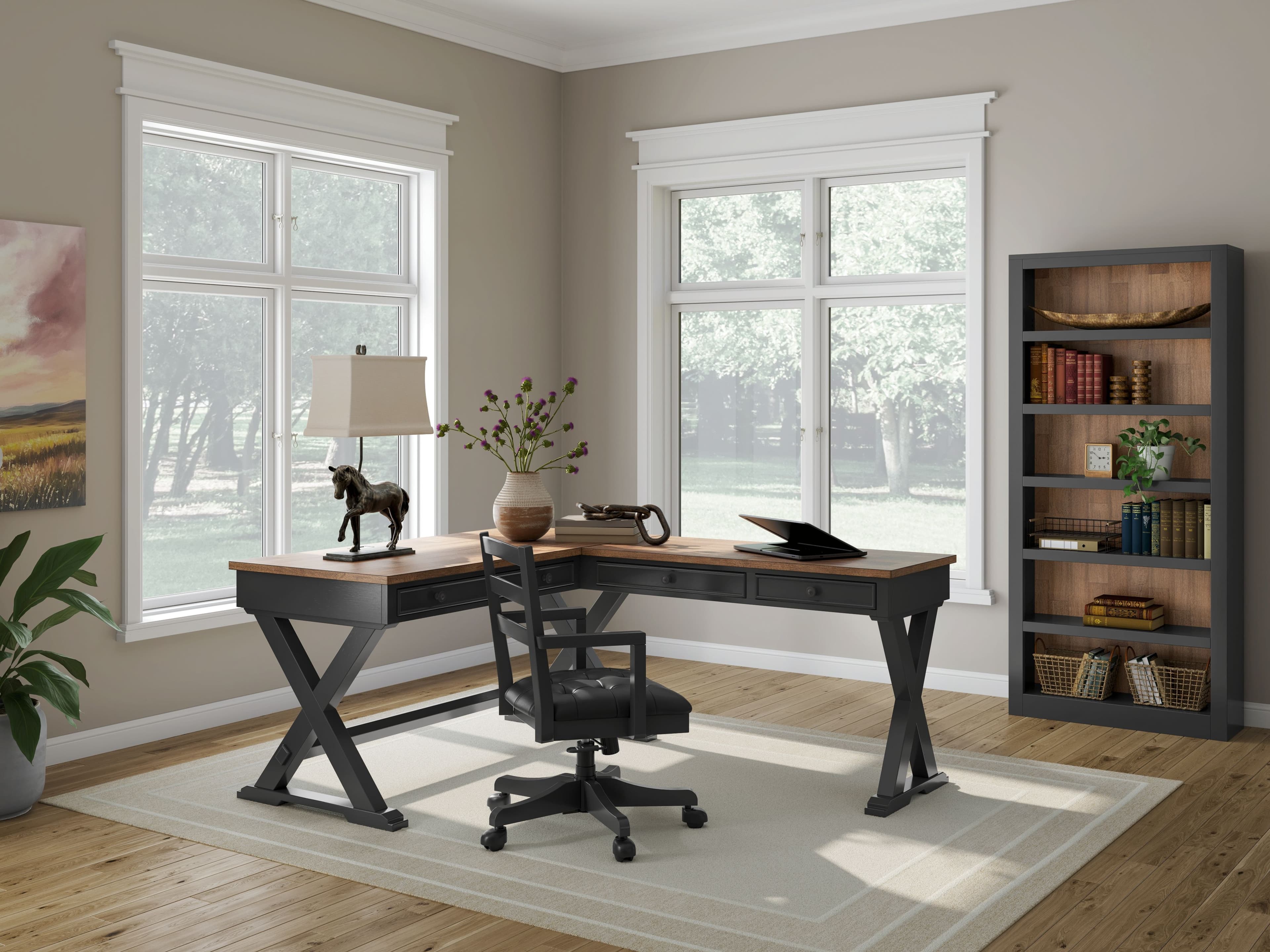 Wildenauer - 4 Pc. - Home Office Desk And Return, Swivel Desk Chair, Bookcase - Brown / Black