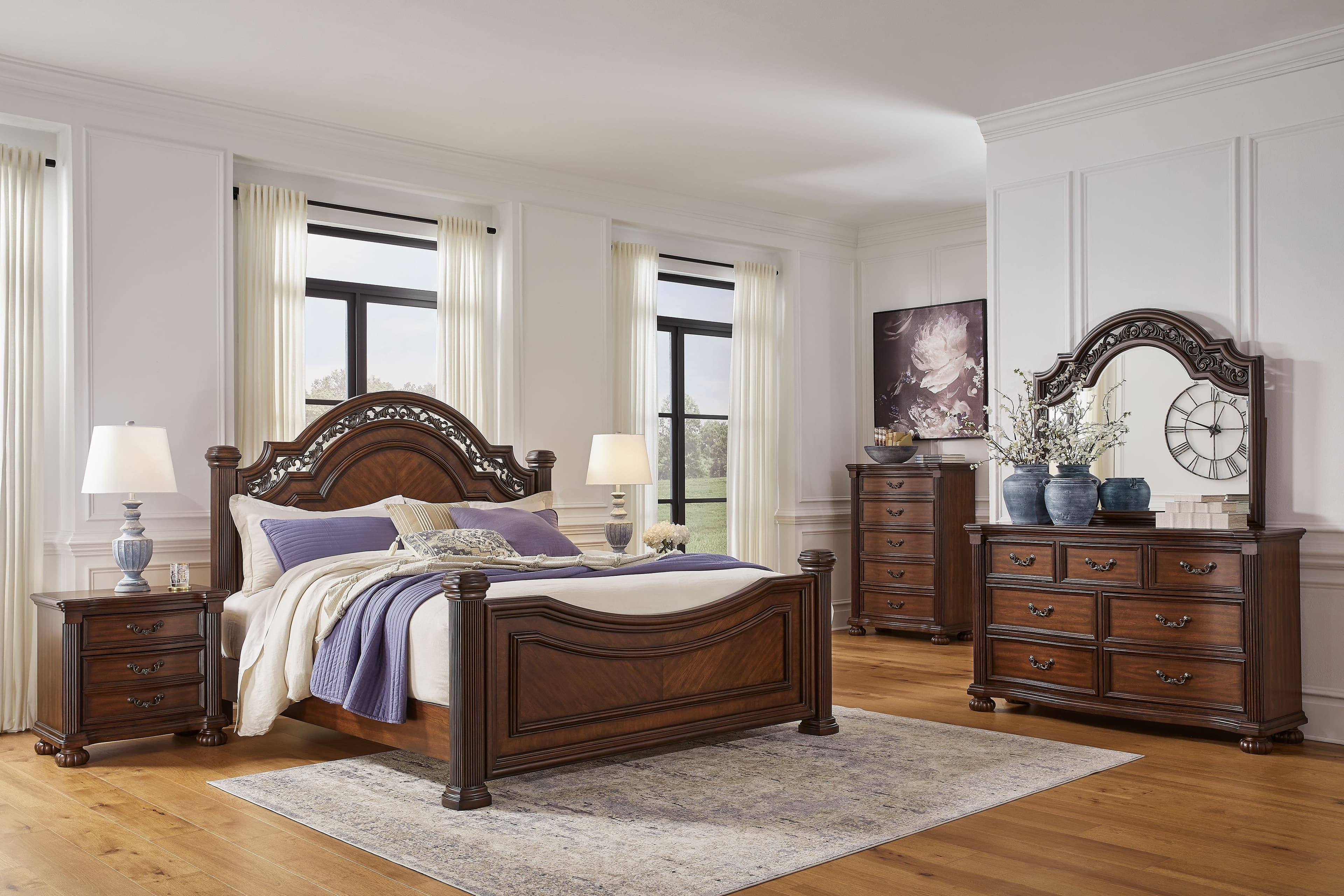 Lavinton - 6 Pc. - Dresser, Mirror, Chest, Queen Poster Bed - Brown