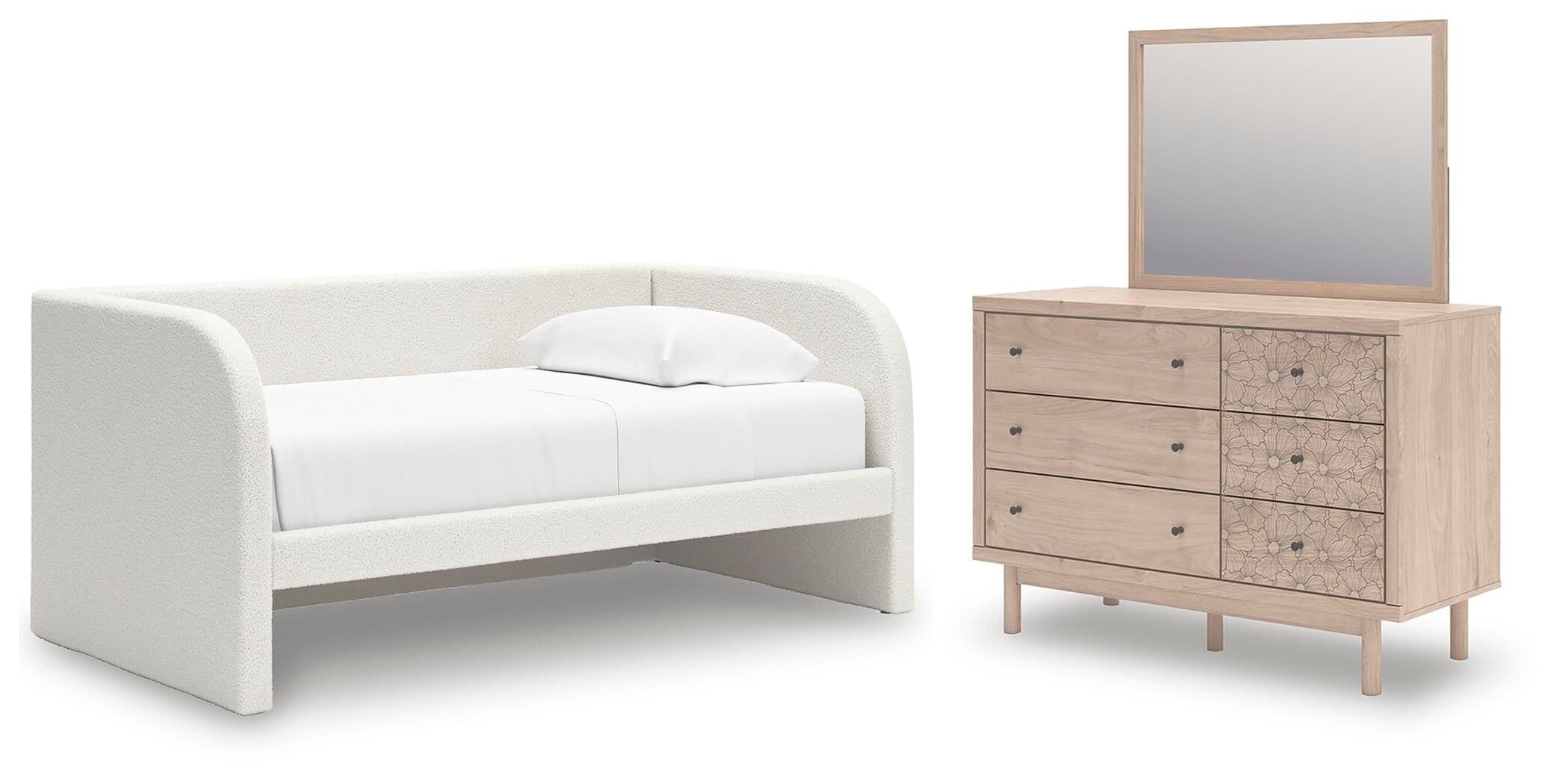 Twin Upholstered Day Bed, Dresser And Mirror