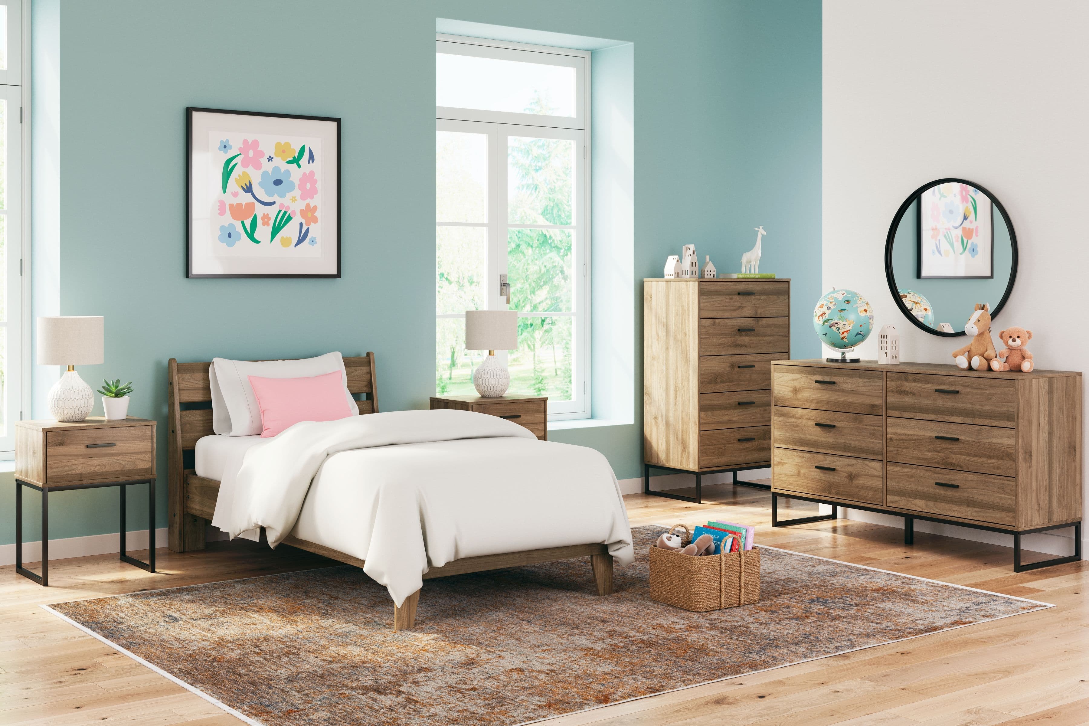 Deanlow - 6 Pc. - Dresser, Chest, Twin Platform Panel Bed, 2 Nightstands - Honey