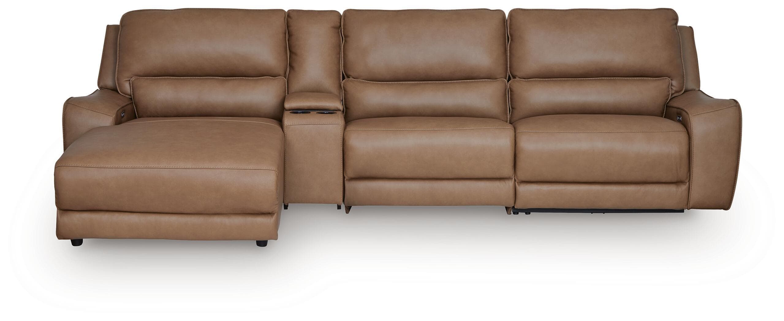 4-Piece Power Reclining Sectional With LAF Press Back Power Chaise And Storage Console · Caramel