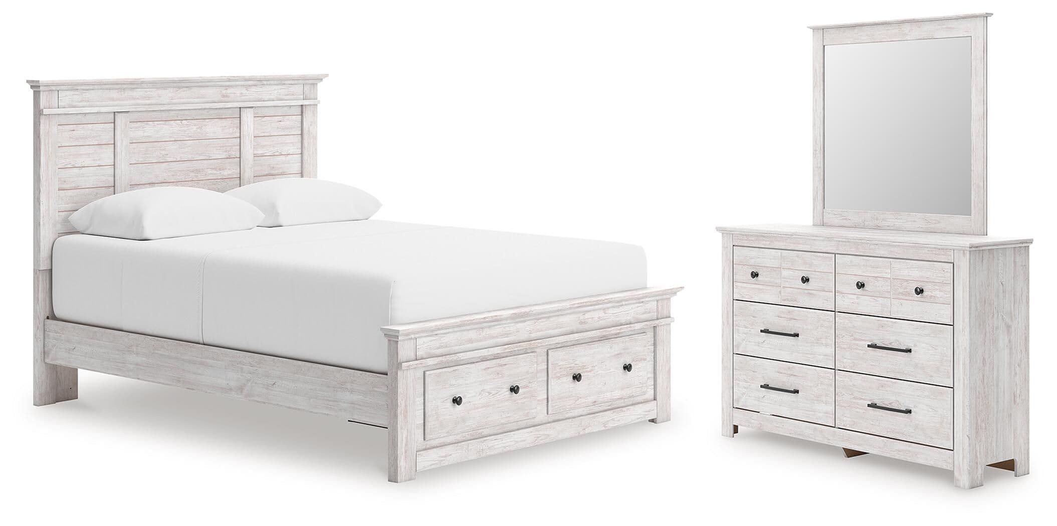 Queen Panel Storage Bed, Dresser And Mirror · Whitewash