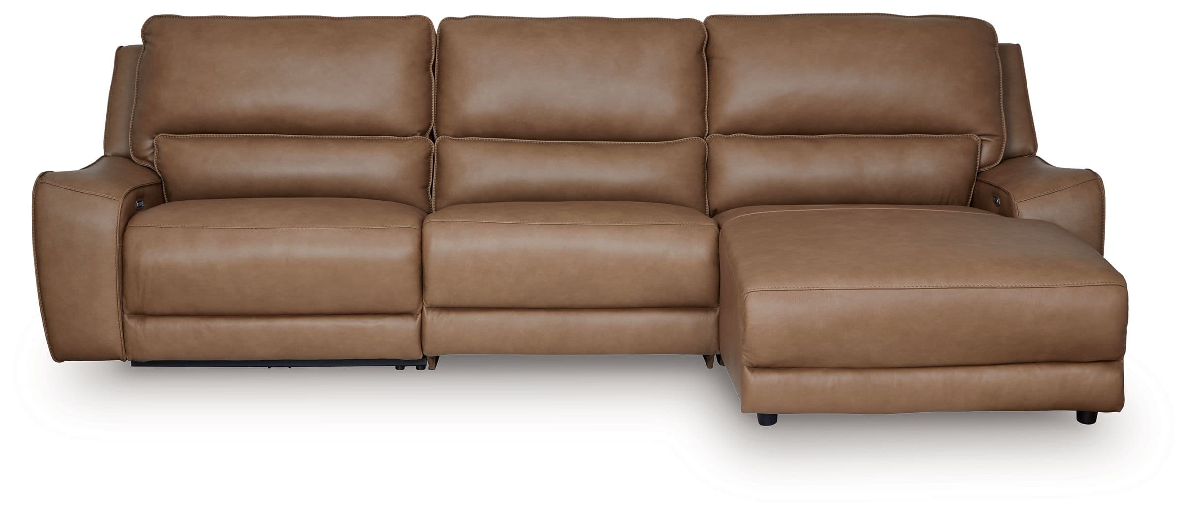 3-Piece Power Reclining Sofa With RAF Press Back Power Chaise · Caramel
