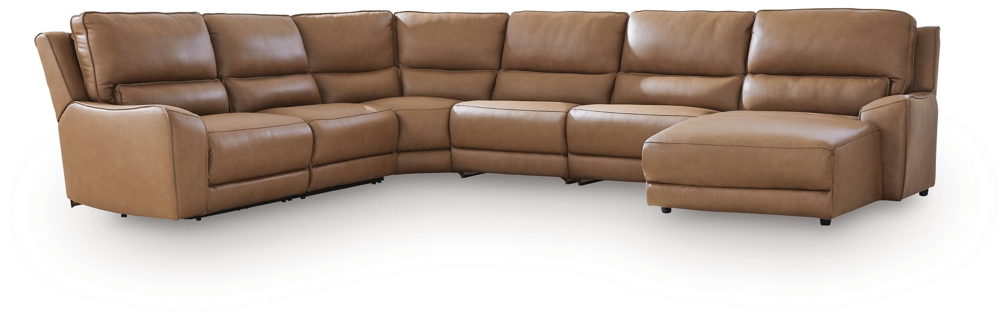 6-Piece Power Reclining Sectional With RAF Press Back Power Chaise · Caramel