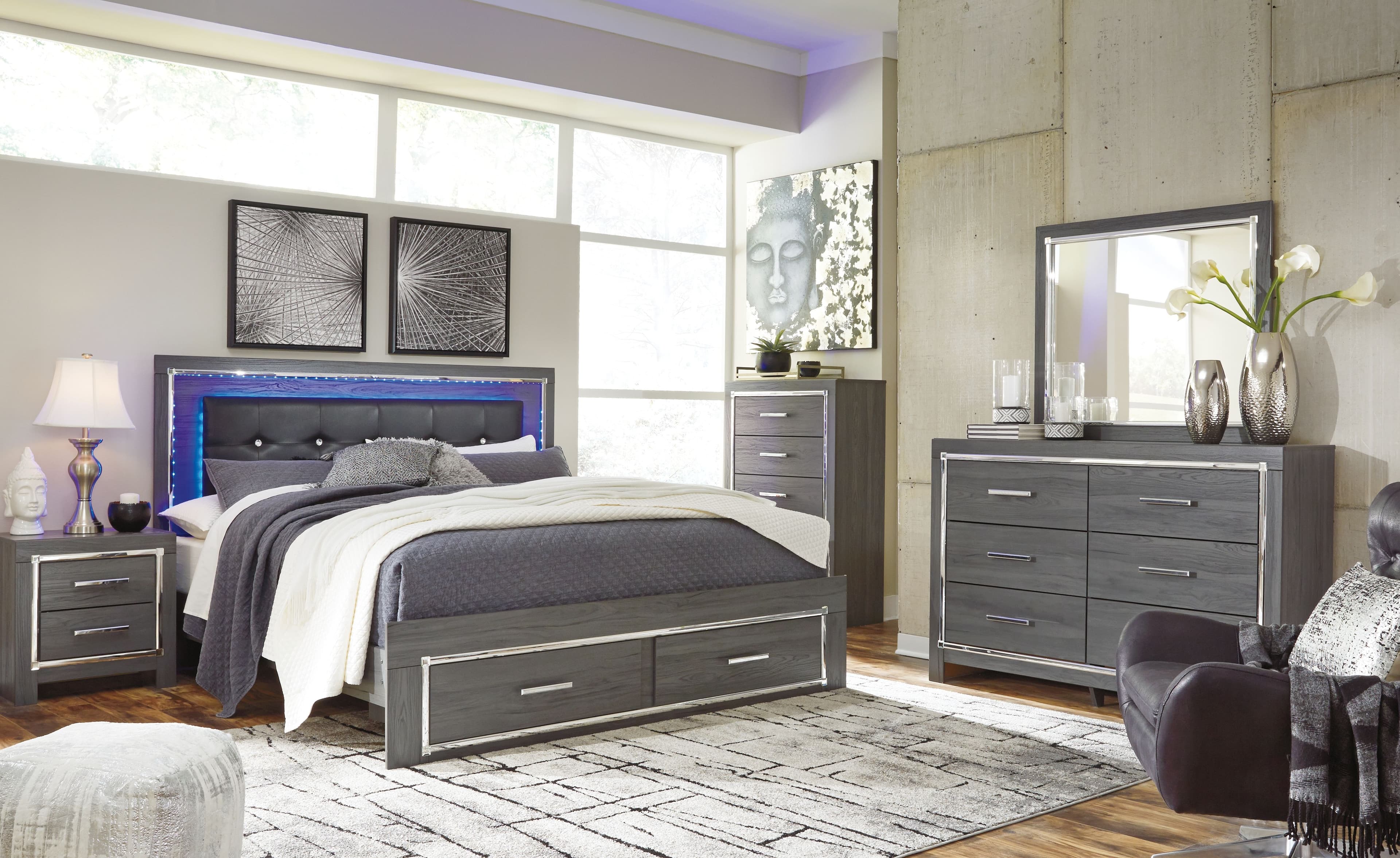 6 Pc. · Dresser, Mirror, Chest, King Panel Bed with 2 Storage Drawers