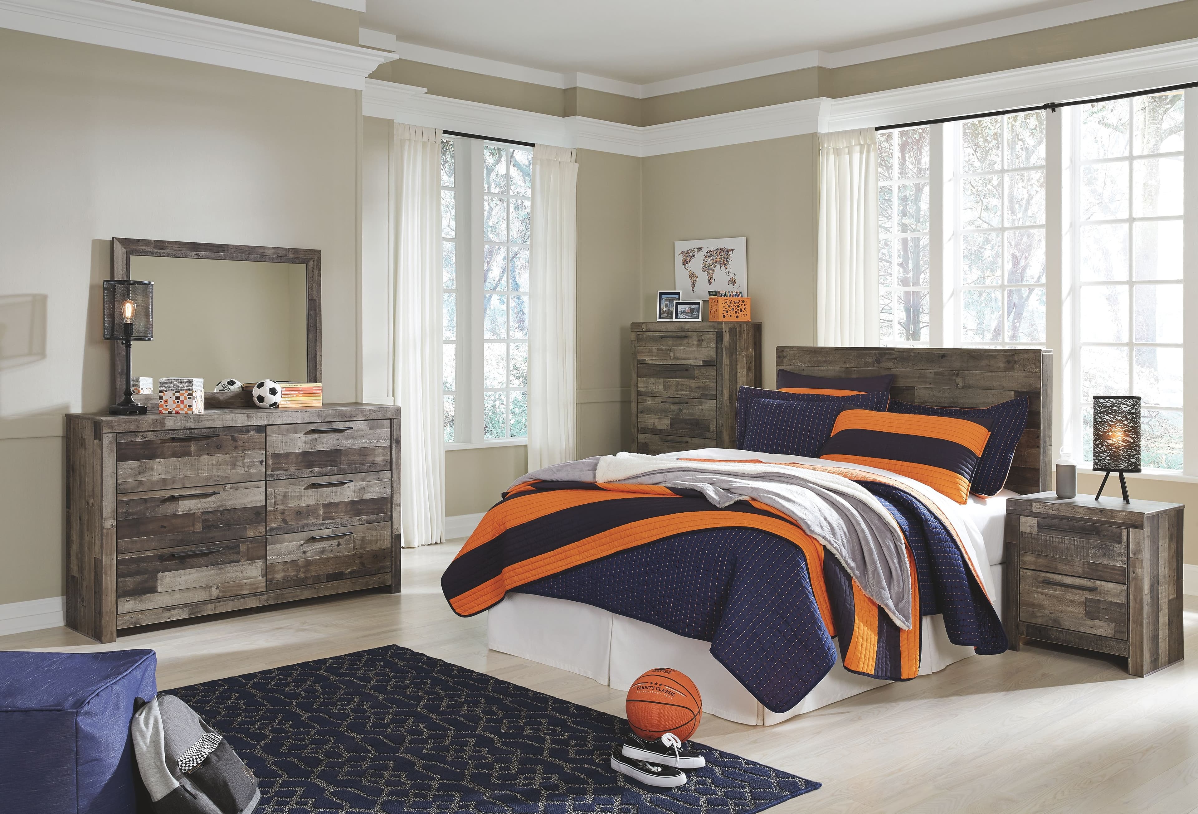 Full Panel Headboard with Bolt on Bed Frame, Dresser, Mirror, Chest, Nightstand