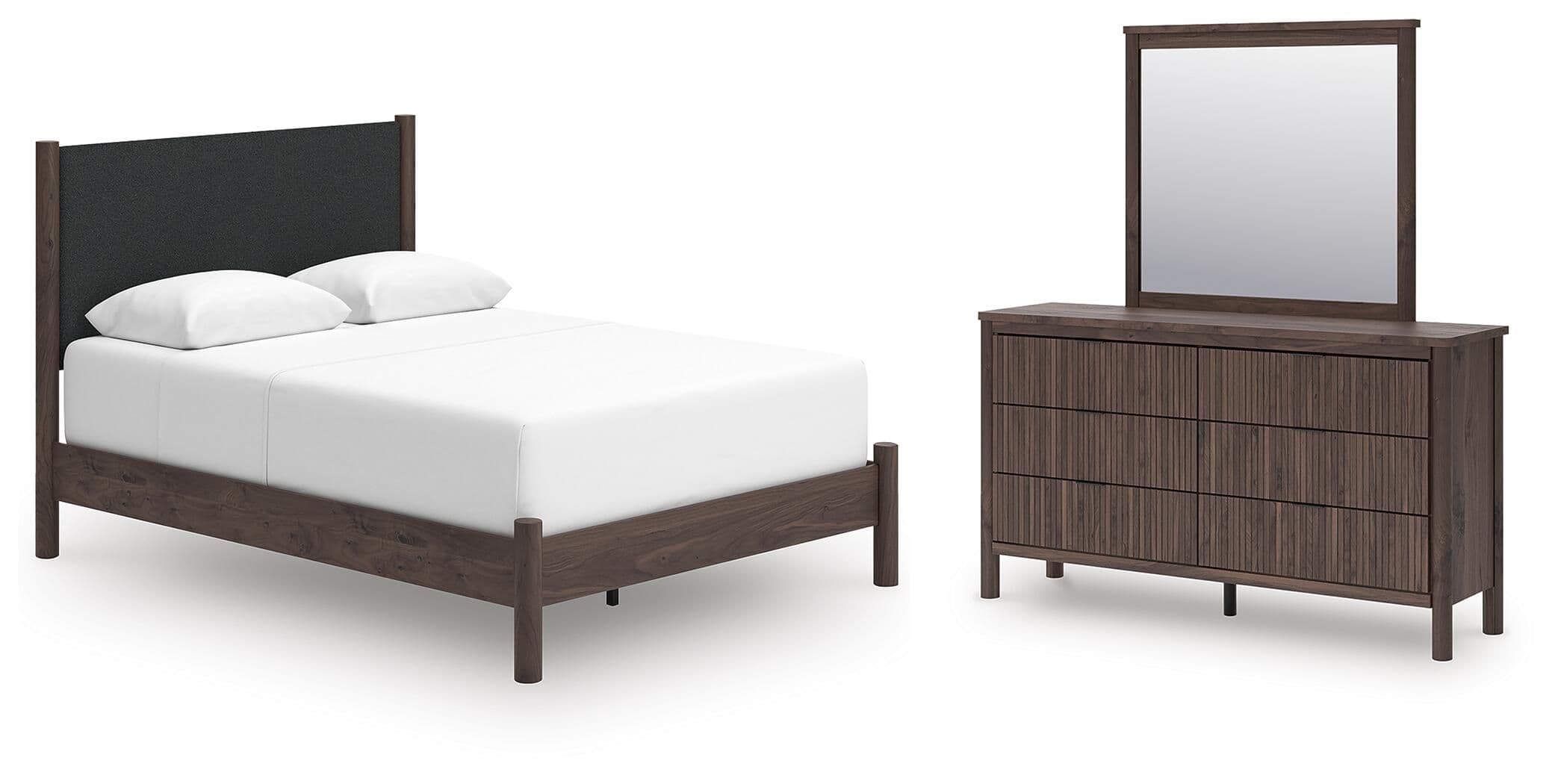 Queen Upholstered Panel Bed, Dresser And Mirror