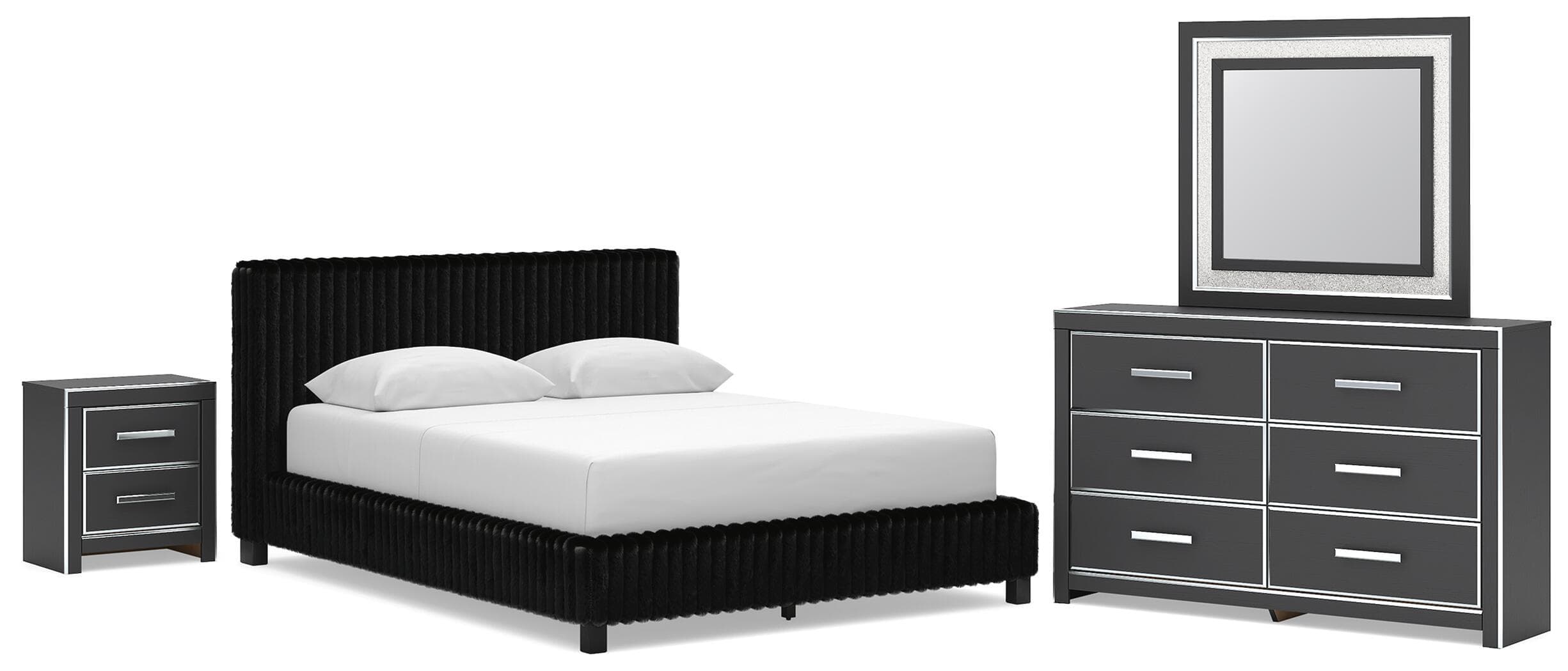 4 Pc. · Queen Upholstered Bed, Dresser, Mirror And Nightstand · Black