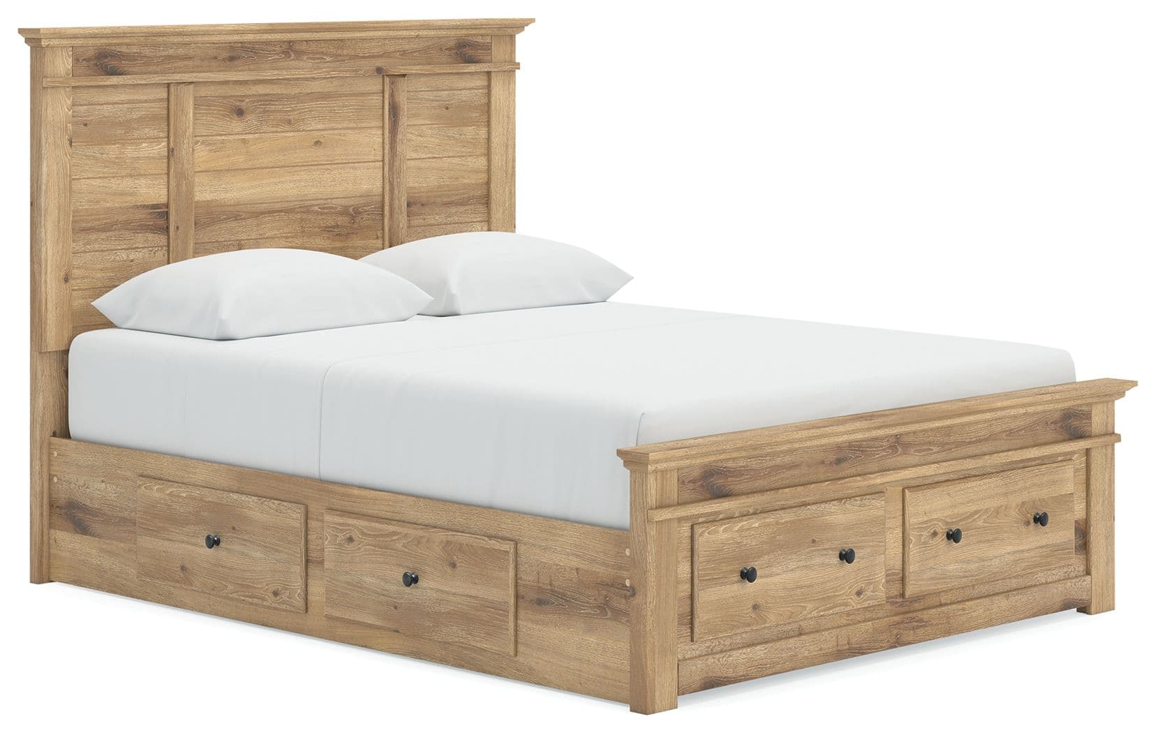 Queen Panel Storage Bed With Under Bed Storage Unit And Storage Footboard · Tan