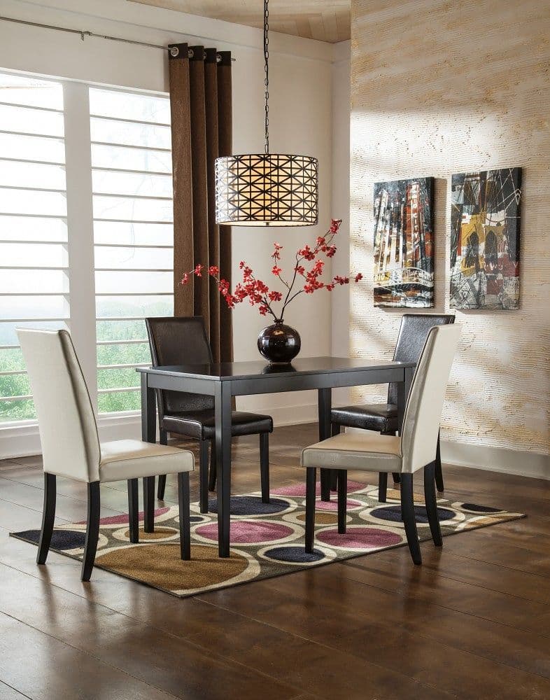 Dining Room Table, 2 Beige Side Chairs, 2 Brown Side Chairs