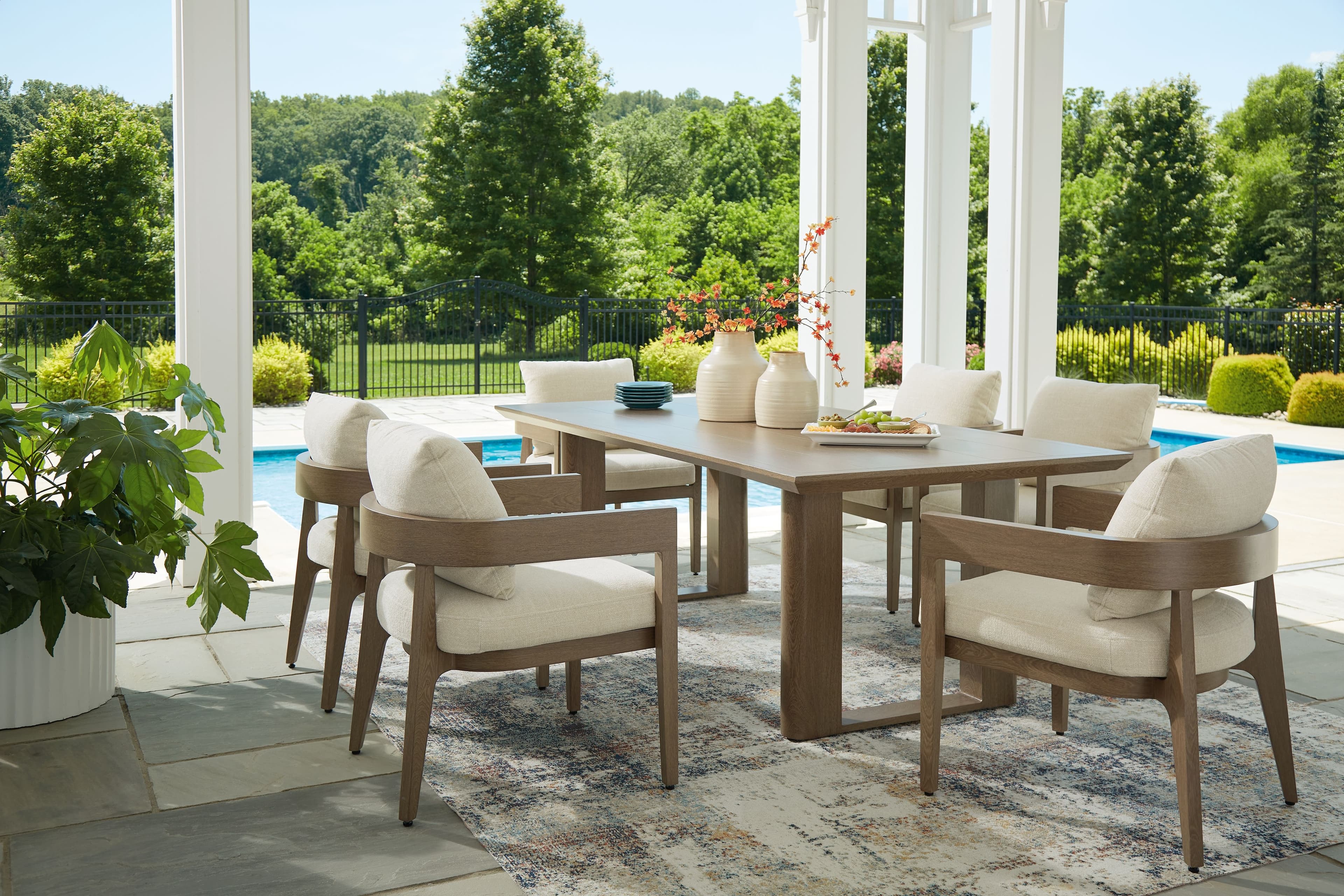 Dining Table, 6 Arm Chairs