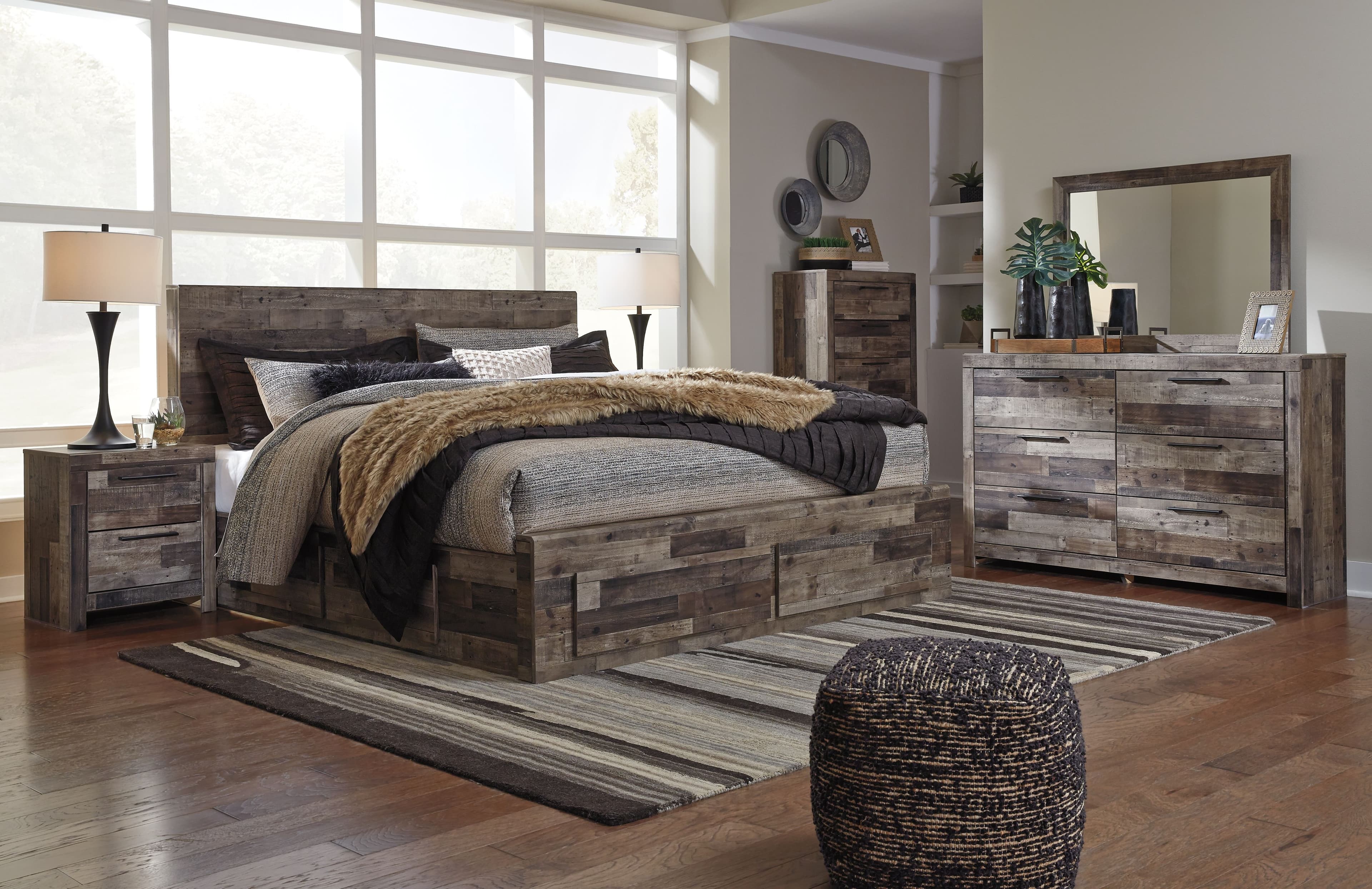 King Panel Bed With 4 Storage Drawers · 8 Pc. · Dresser, Mirror, Chest, King Bed · Multi Gray