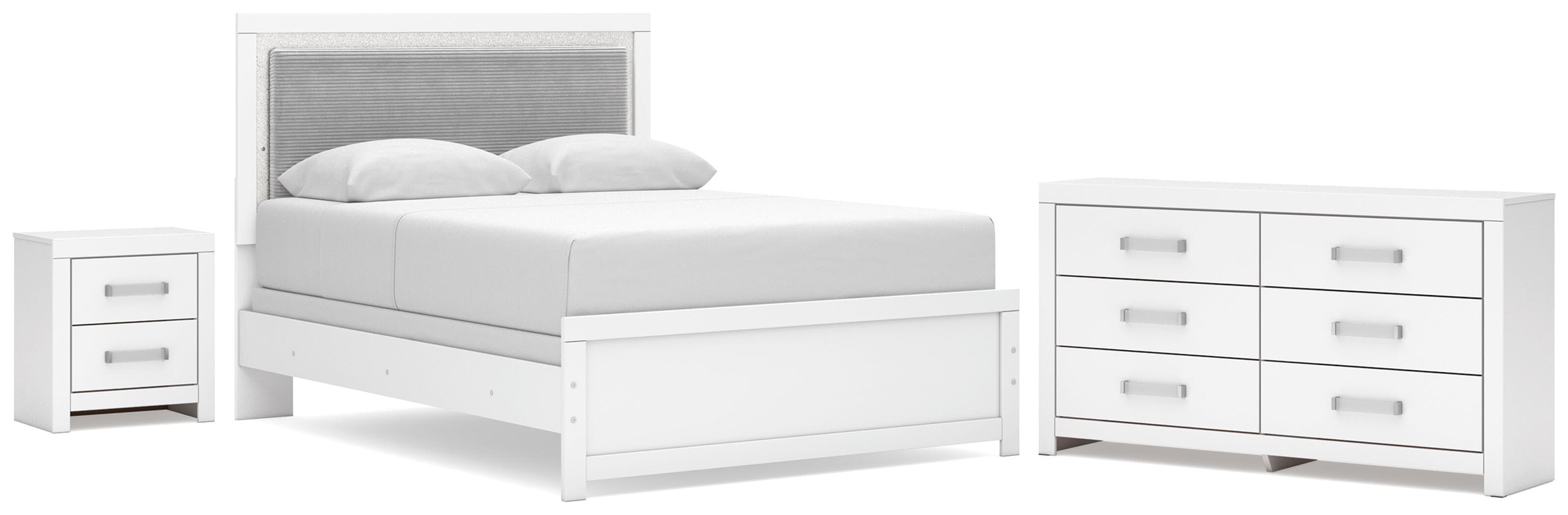 3 Pc. · Queen Upholstered Panel Bed, Dresser And Nightstand · White
