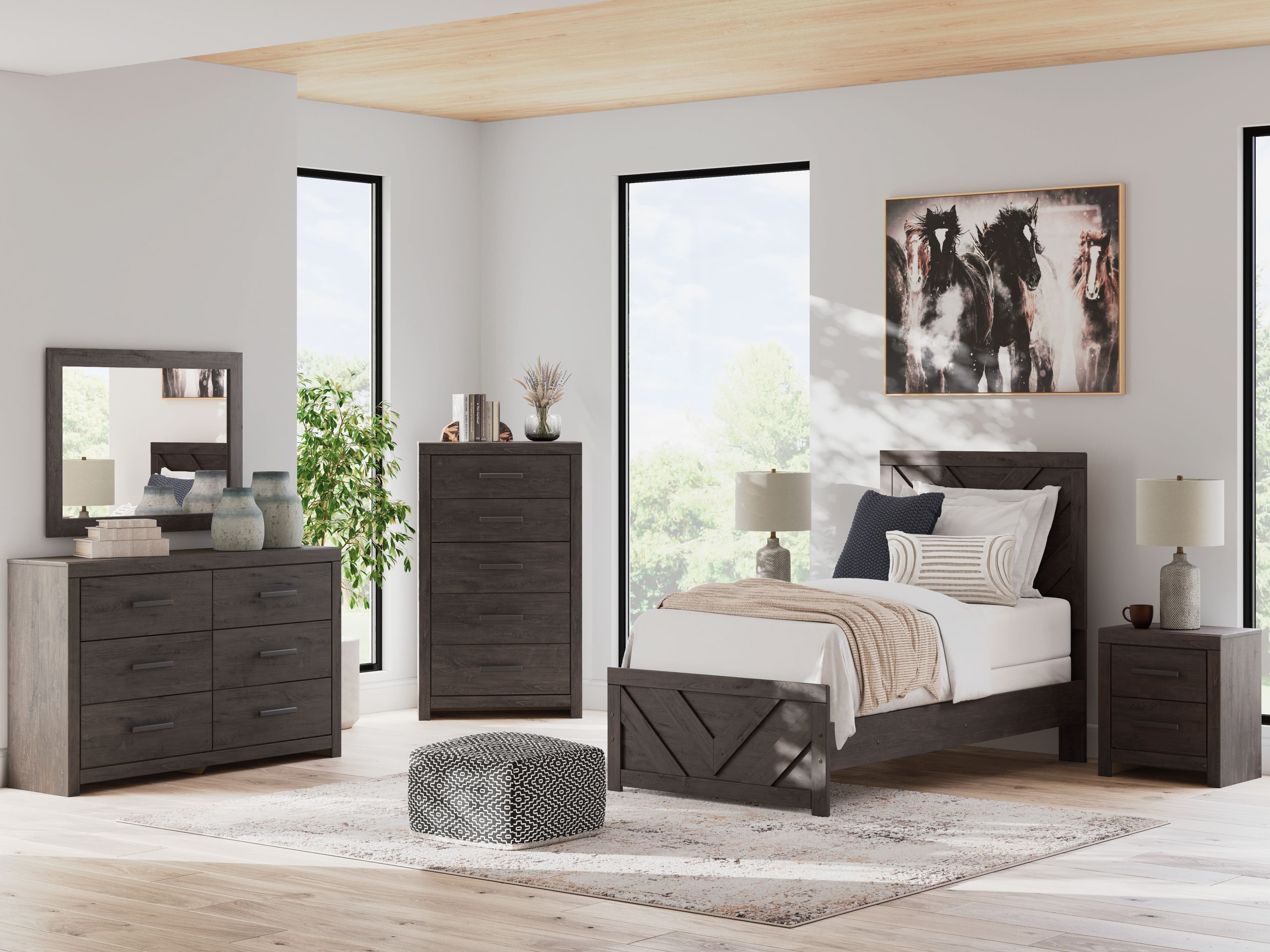 Prendonea - 5 Pc. - Dresser, Mirror, Chest, Twin Panel Bed - Charcoal