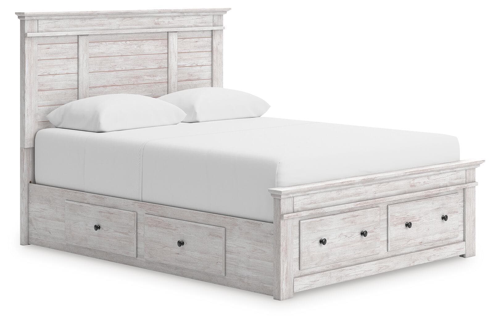 Queen Panel Storage Bed With 2 Under Bed Storage Units And Storage Footboard · Whitewash