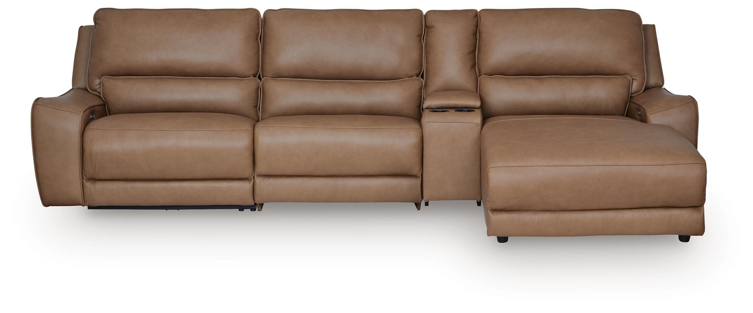 4-Piece Power Reclining Sectional With RAF Press Back Power Chaise And Storage Console · Caramel