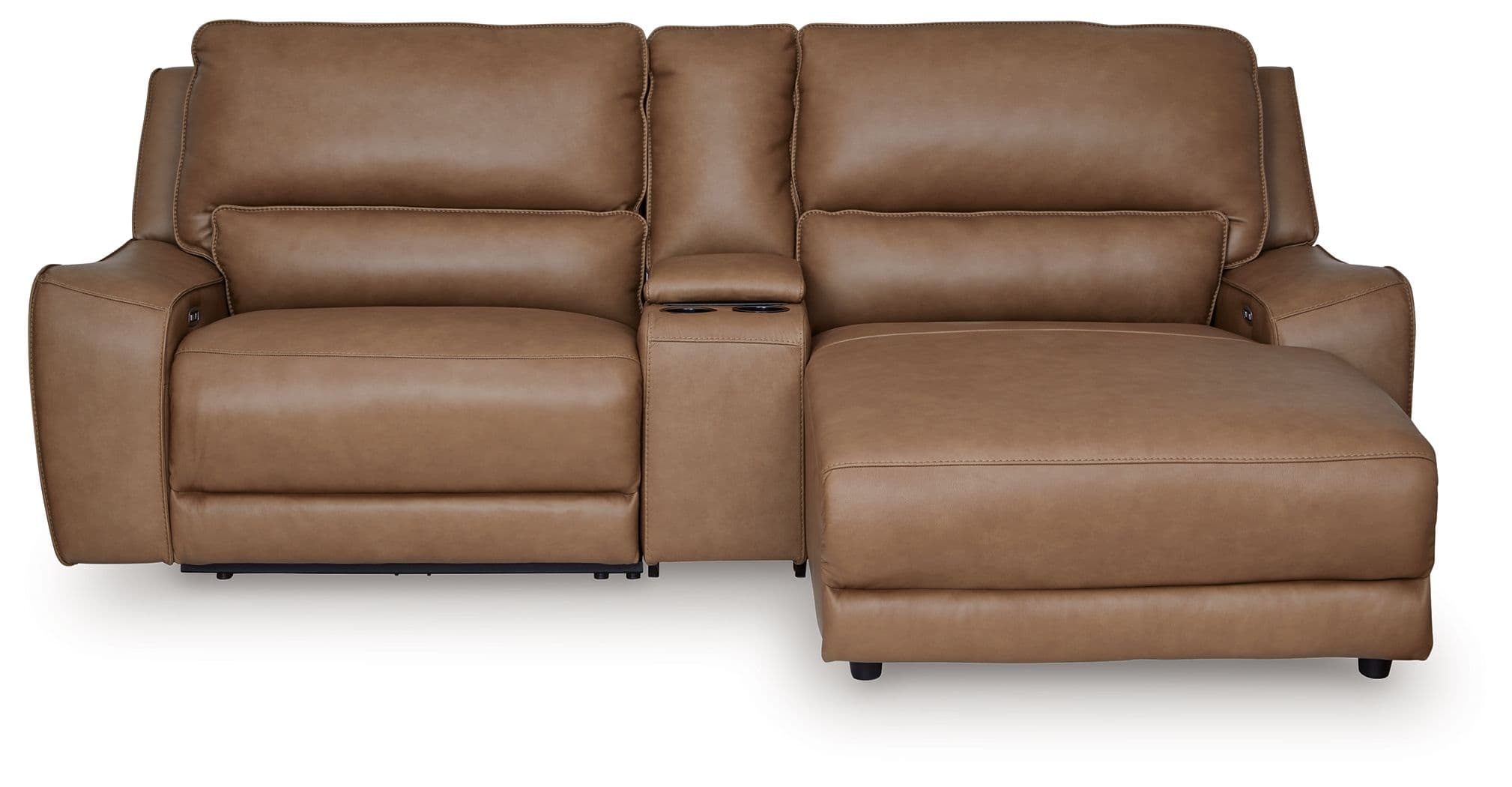 3-Piece Power Reclining Sectional With RAF Press Back Power Chaise · Caramel