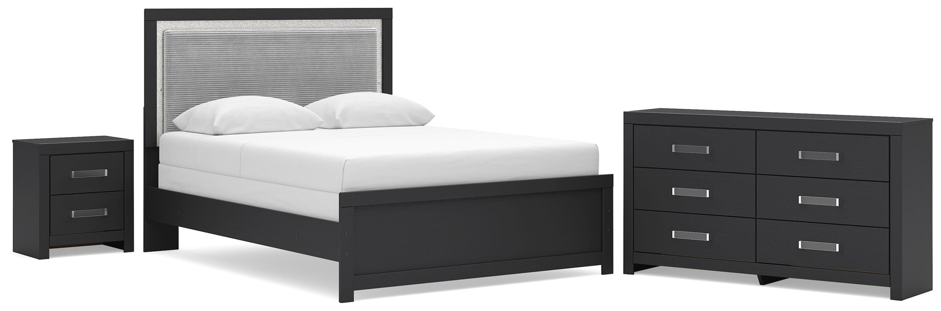 Maeling - 3 Pc. - Queen Upholstered Panel Bed, Dresser And Nightstand - Black