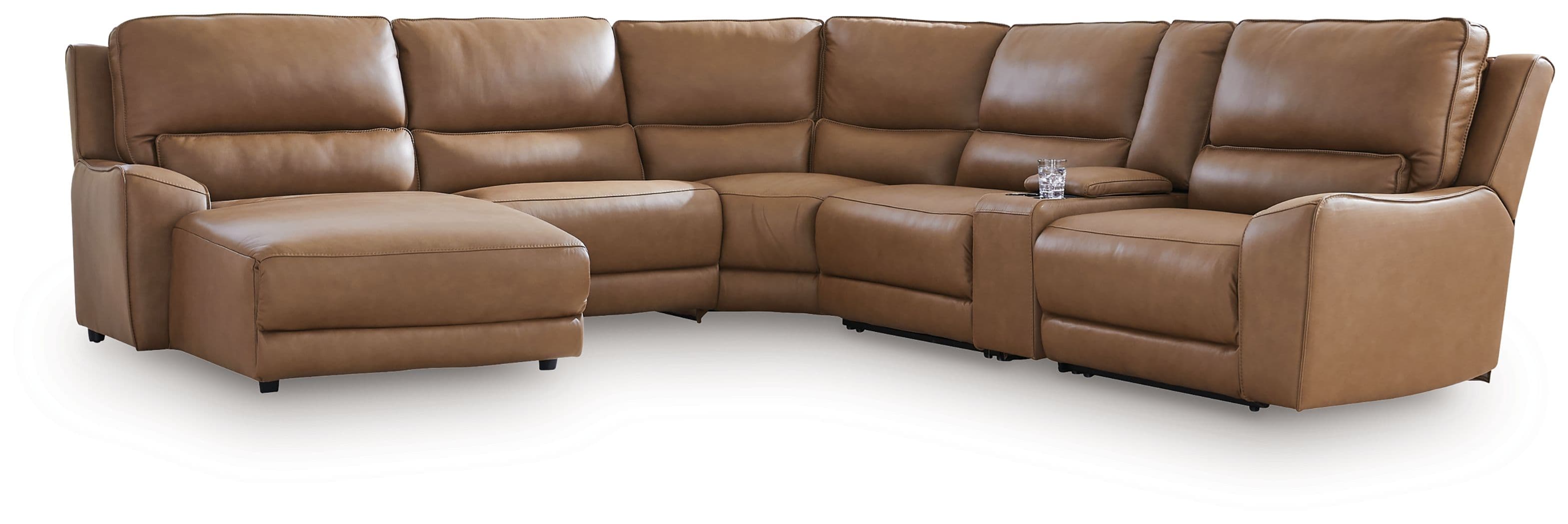 6-Piece Power Reclining Sectional With LAF Press Back Power Chaise · Caramel