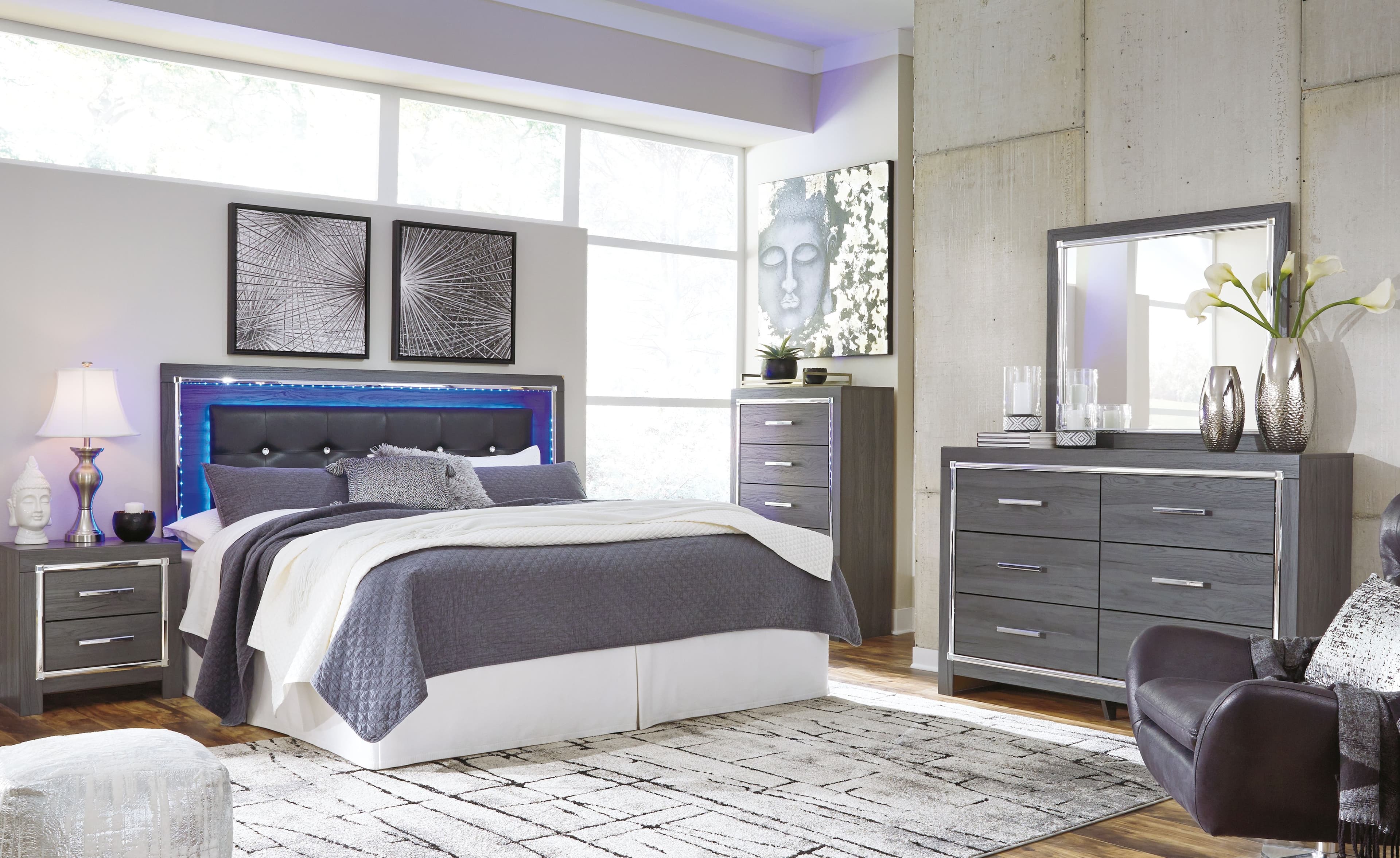 5 Pc. · Dresser, Mirror, Chest, King Upholstered Panel Headboard with Bolt on Bed Frame