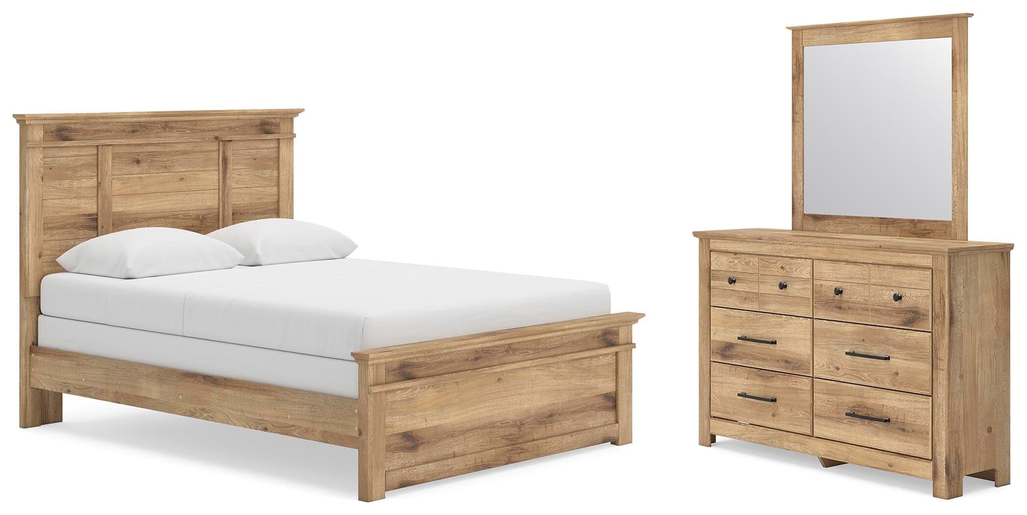 3 Pc. · Queen Panel Bed, Dresser And Mirror · Tan