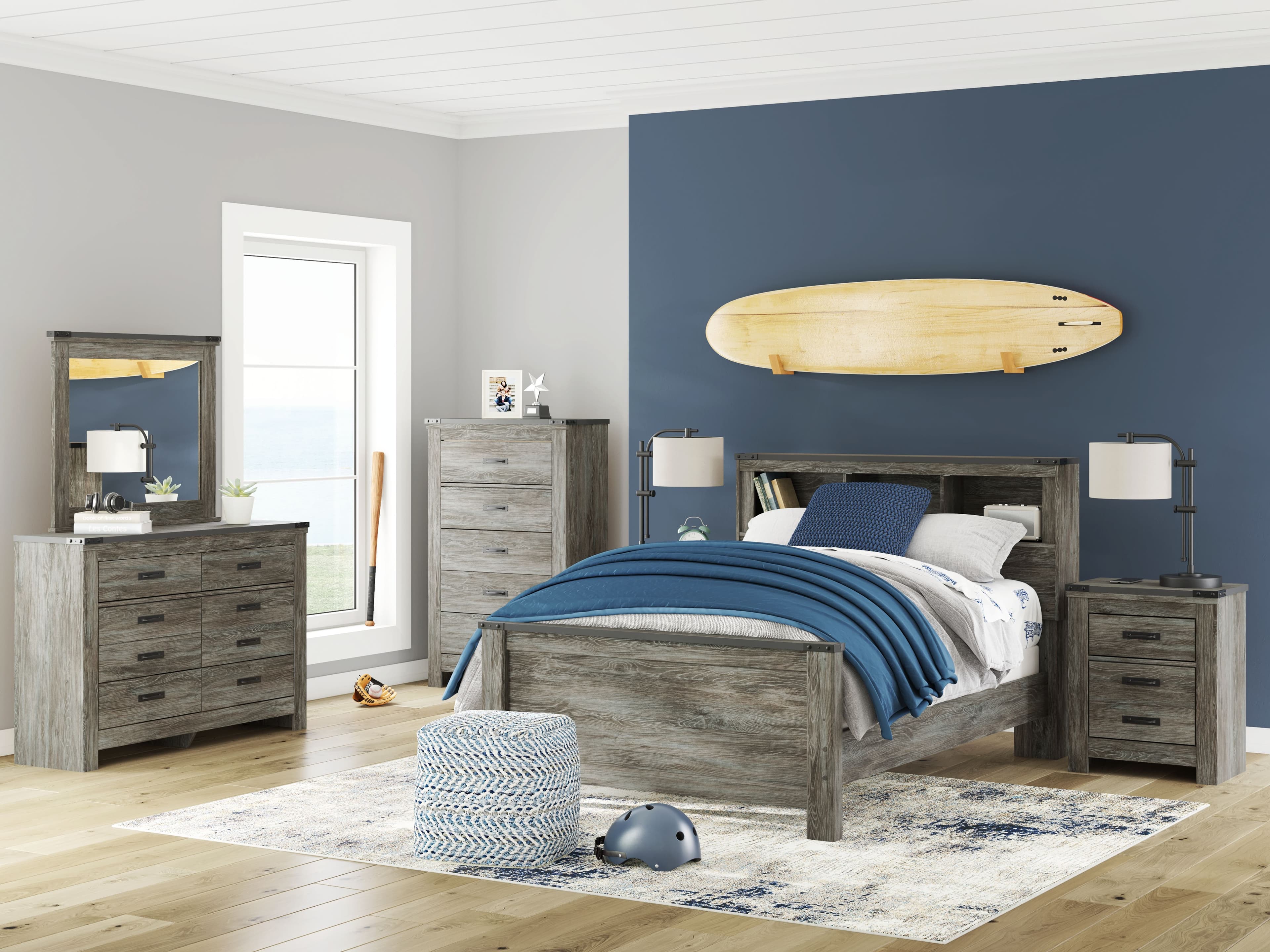 Frandern - 6 Pc. - Dresser, Mirror, Chest, Full Bookcase Panel Bed - Gray