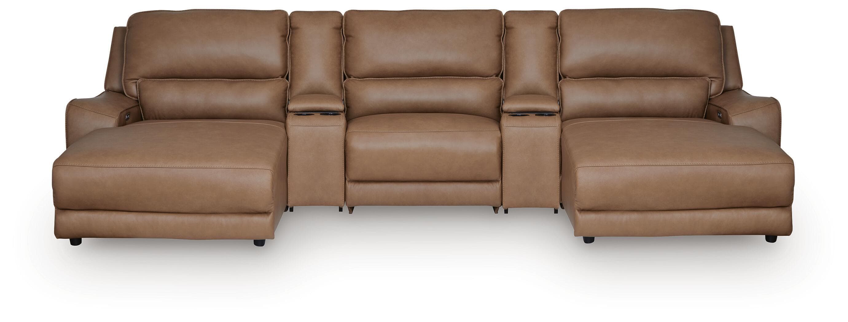 5-Piece Power Reclining Sectional With Double Chaise, Power Armless Recliner And 2 Storage Consoles · Caramel