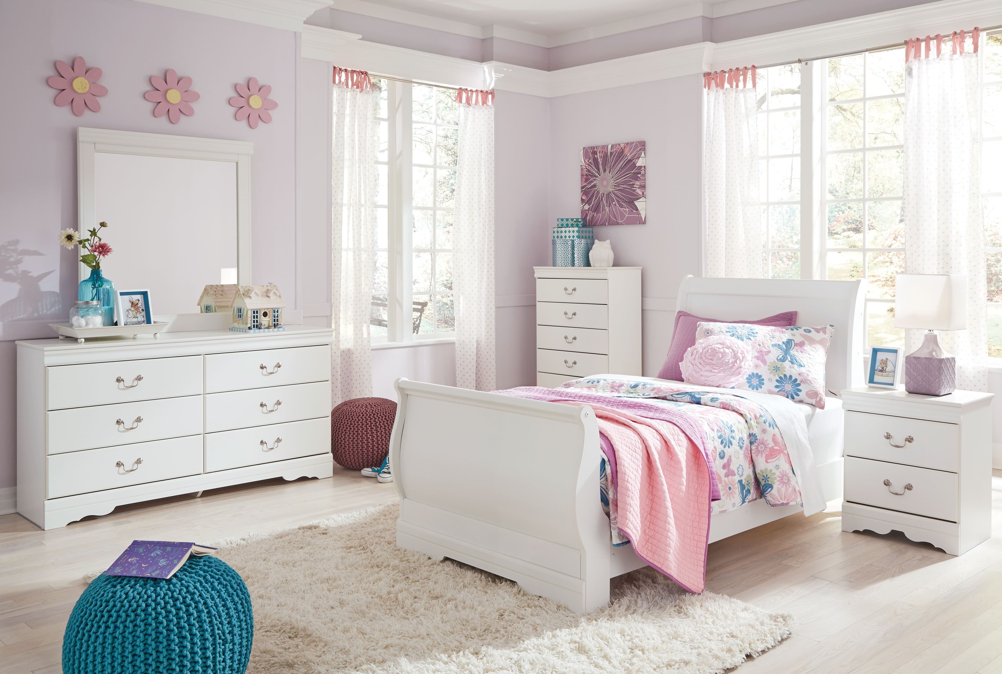 Anarasia - 6 Pc. - Dresser, Mirror, Chest, Twin Sleigh Bed - White