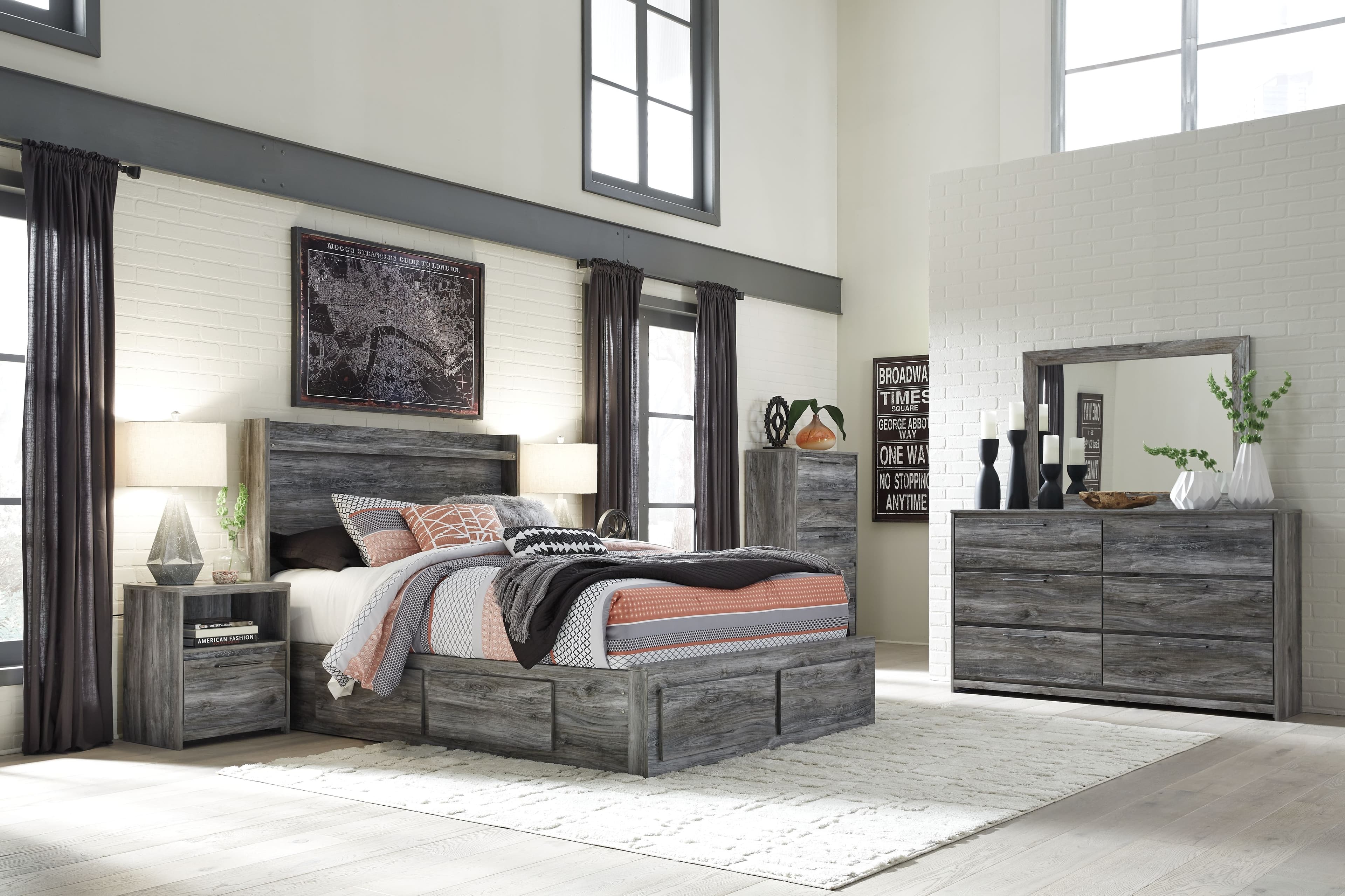 King Panel Bed With 4 Storage Drawers · 8 Pc. · Dresser, Mirror, Chest, King Bed · Gray