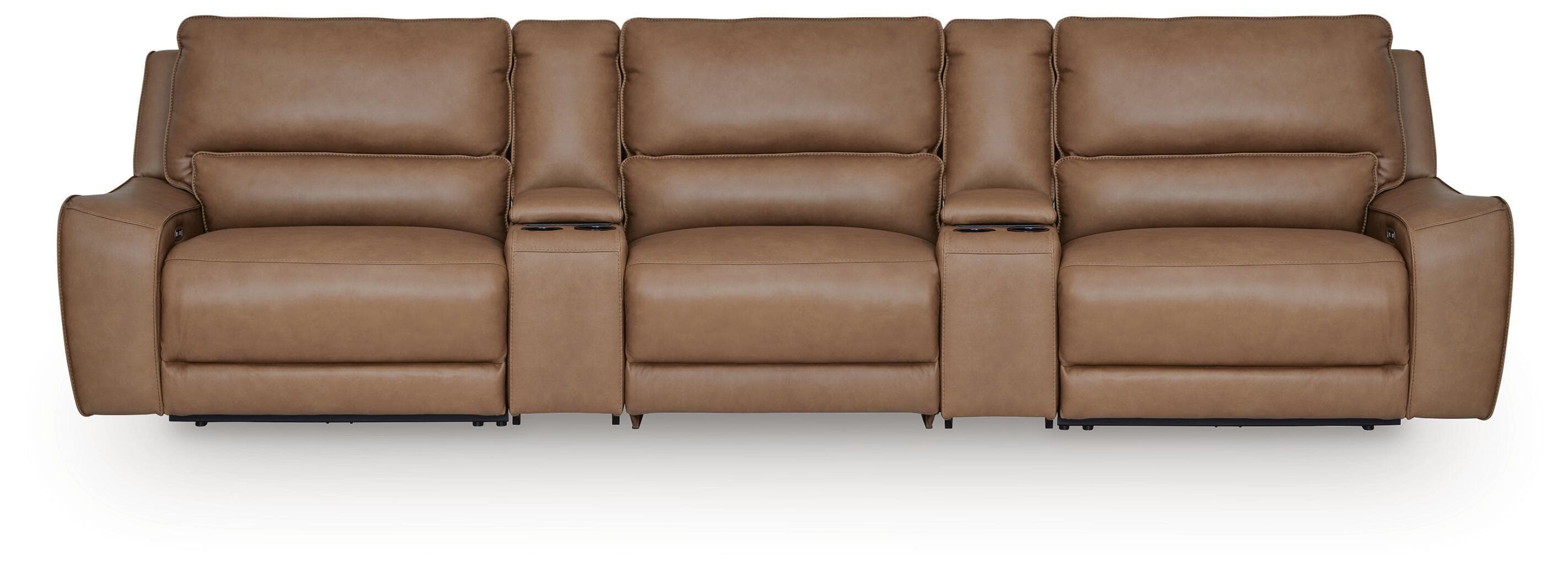 5-Piece Power Reclining Sectional With Power Armless Recliner And 2 Storage Consoles · Caramel