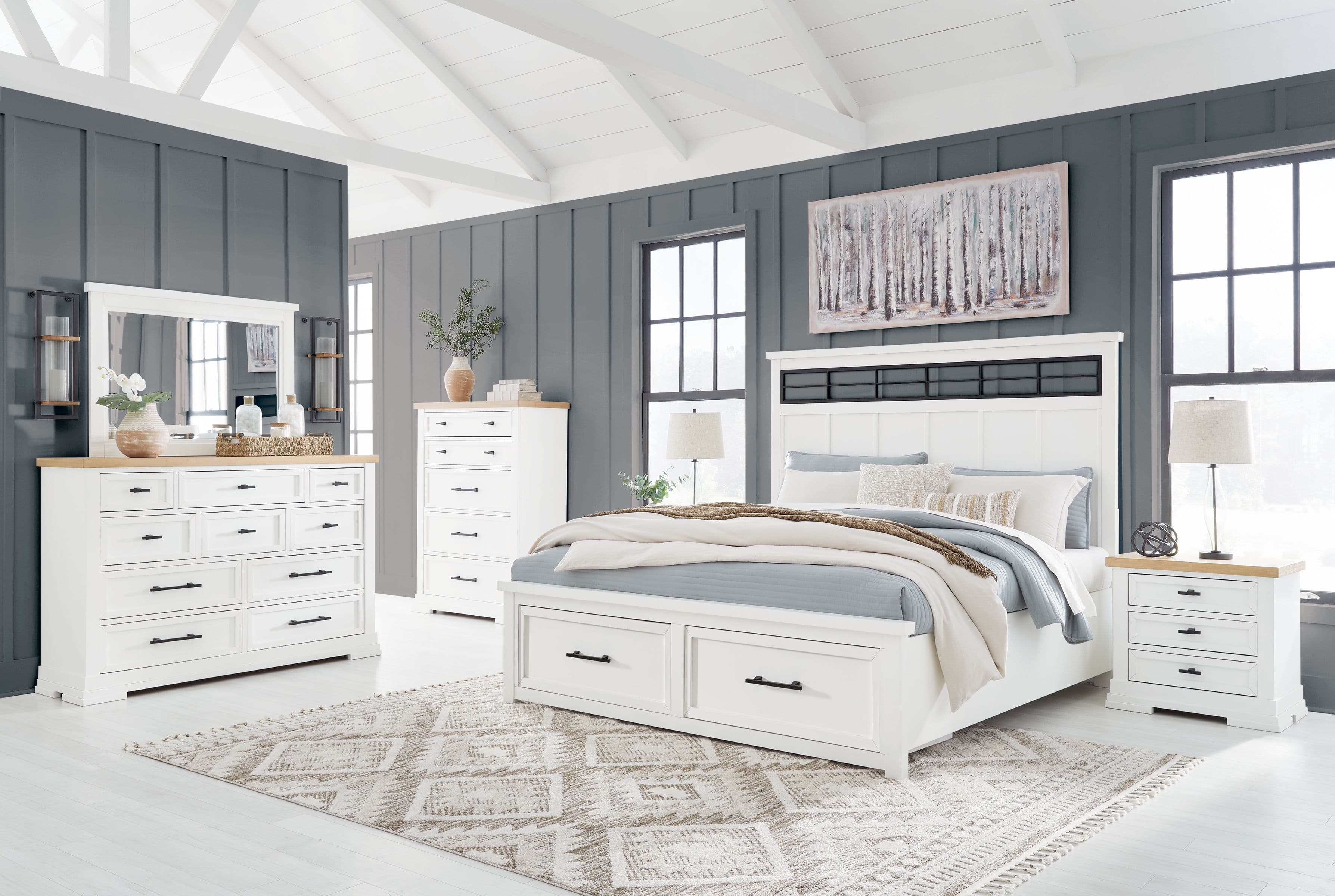 Ashbryn - 6 Pc. - Dresser, Mirror, Chest, California King Panel Storage Bed - White / Natural