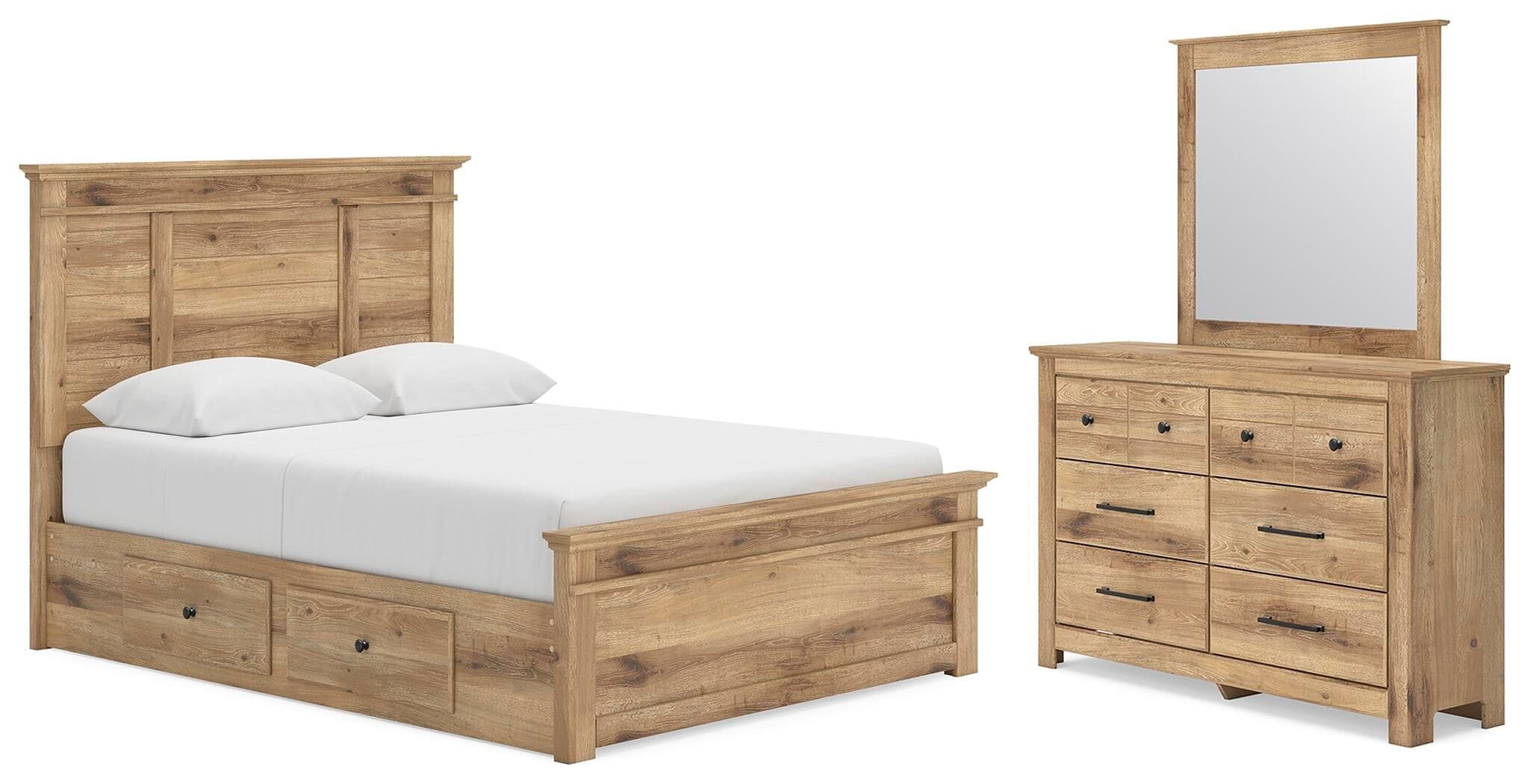 Queen Panel Bed With 2 Under Bed Storage Units, Dresser And Mirror · Tan