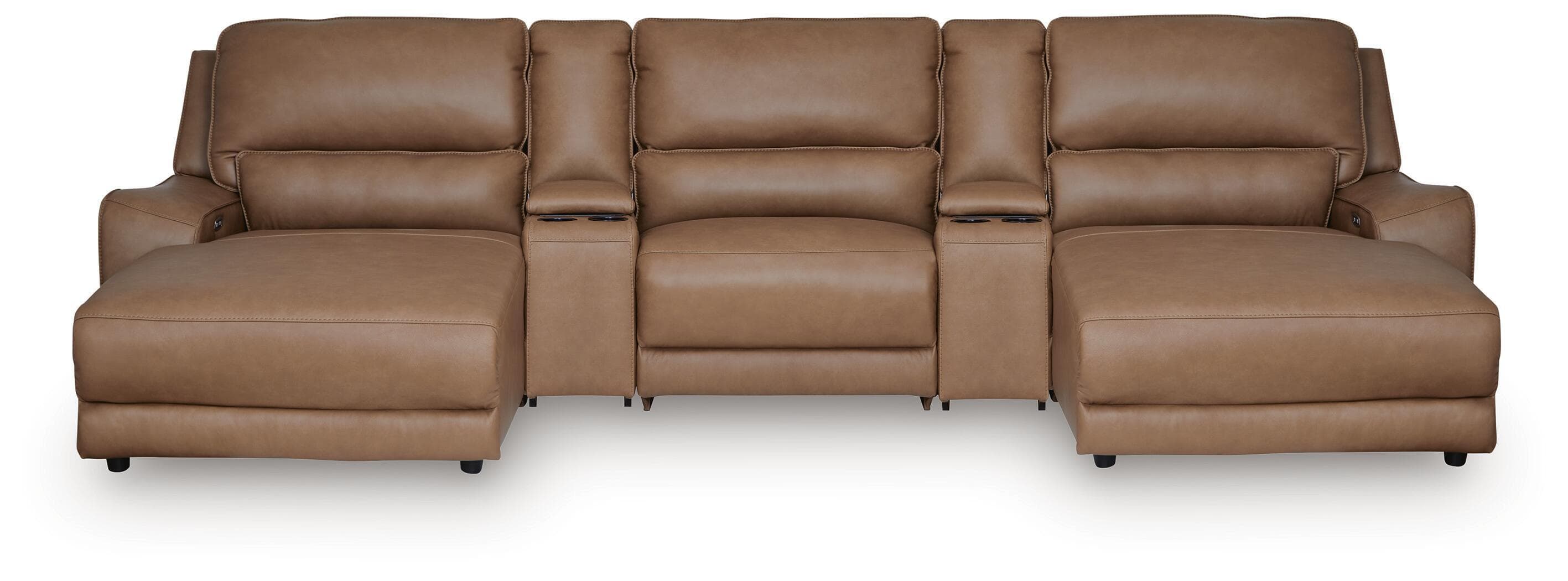 5-Piece Power Reclining Sectional With Double Chaise, Armless Chair And 2 Storage Consoles · Caramel