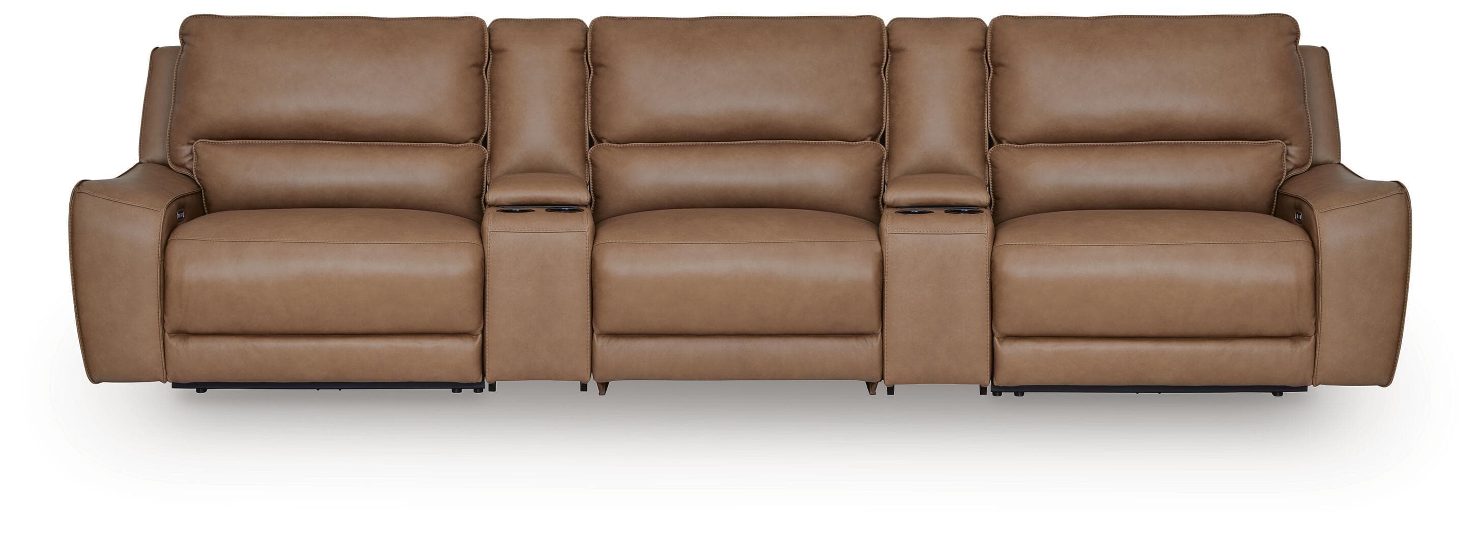 5-Piece Power Reclining Sectional With Armless Chair And 2 Storage Consoles · Caramel