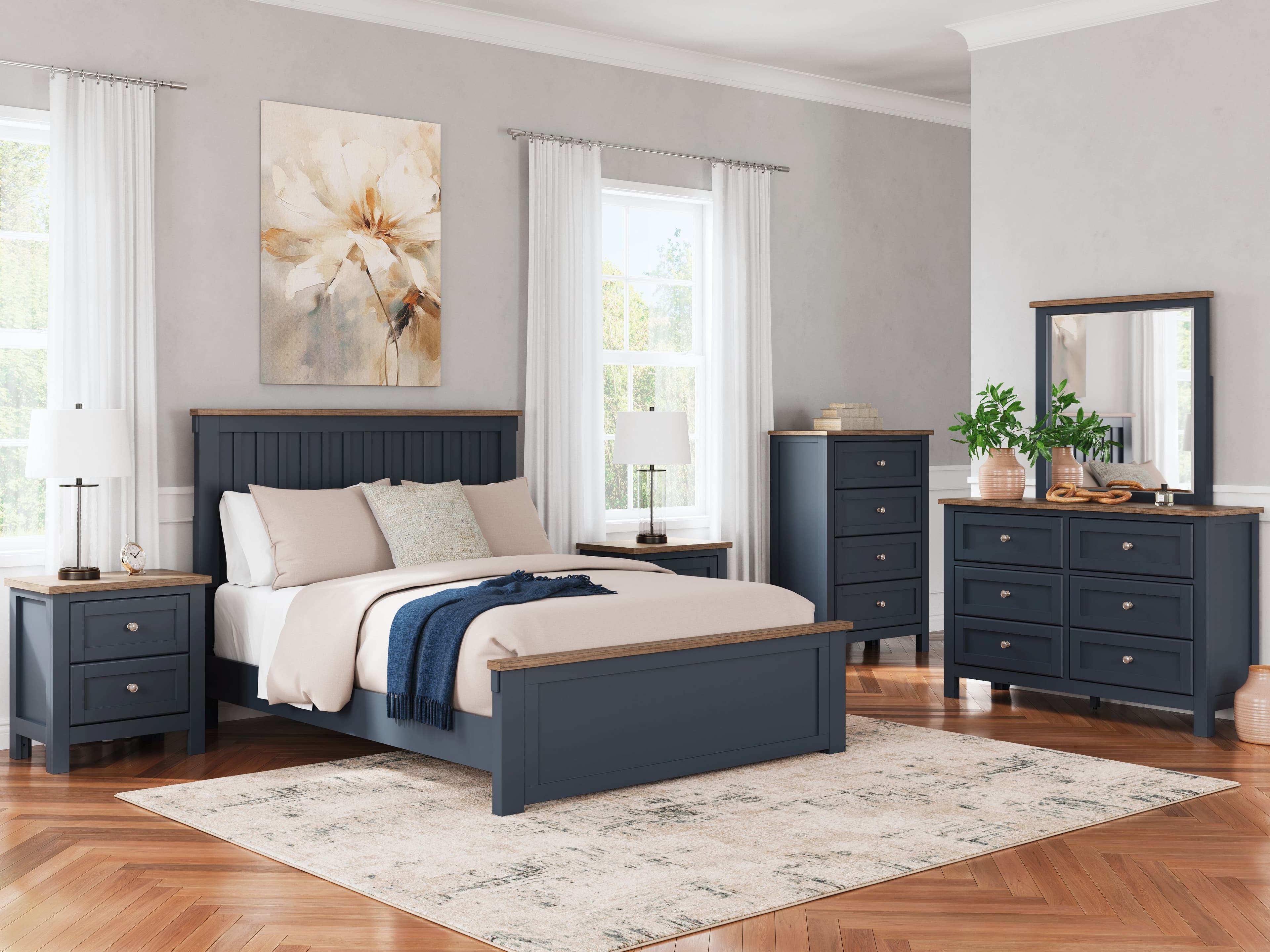 Landocken - 8 Pc. - Dresser, Mirror, Chest, Queen Panel Bed, 2 Nightstands - Brown / Blue