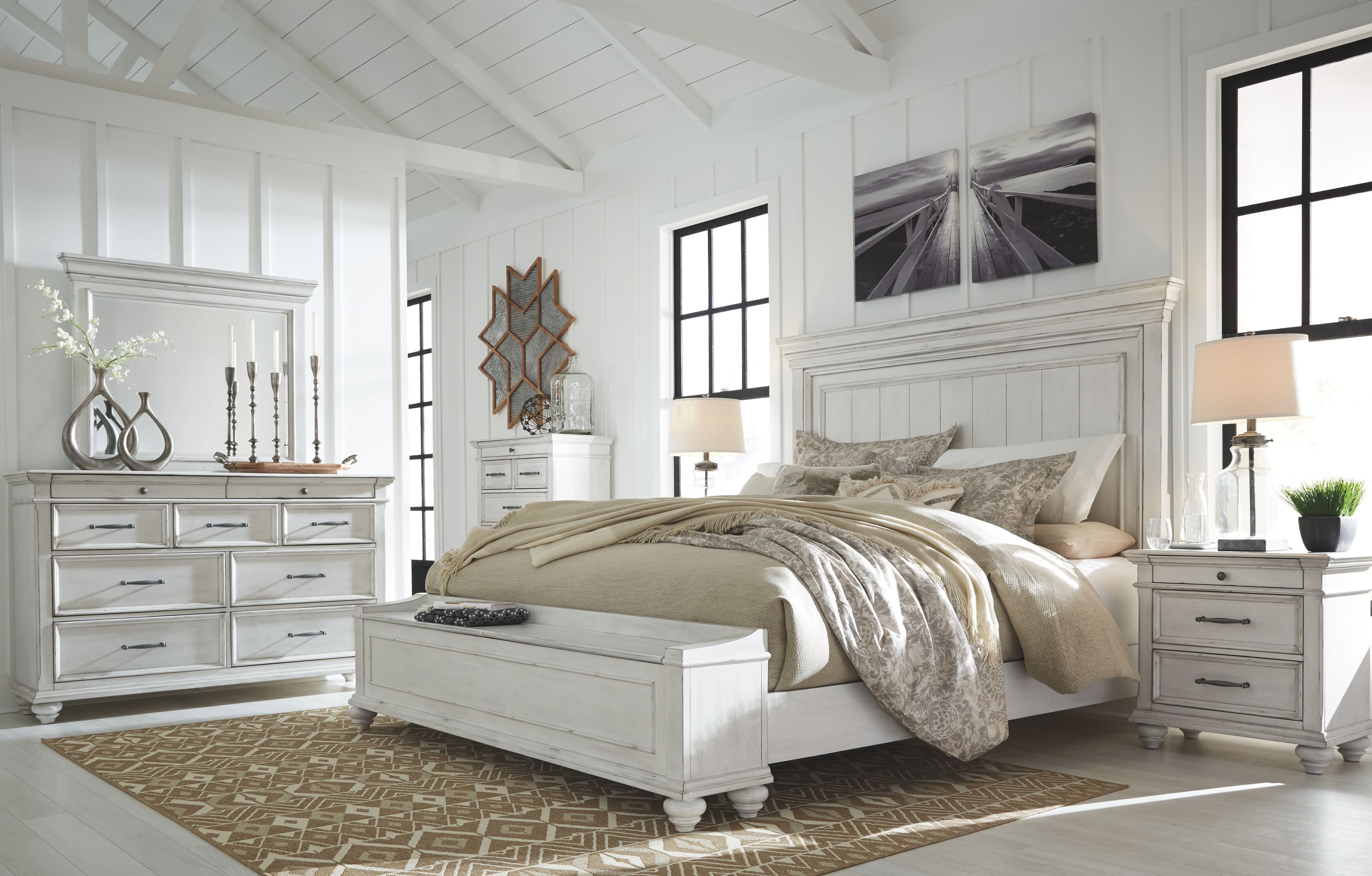 8 Pc. · Dresser, Mirror, Chest, California King Panel Bed with Storage Bench, 2 Nightstands