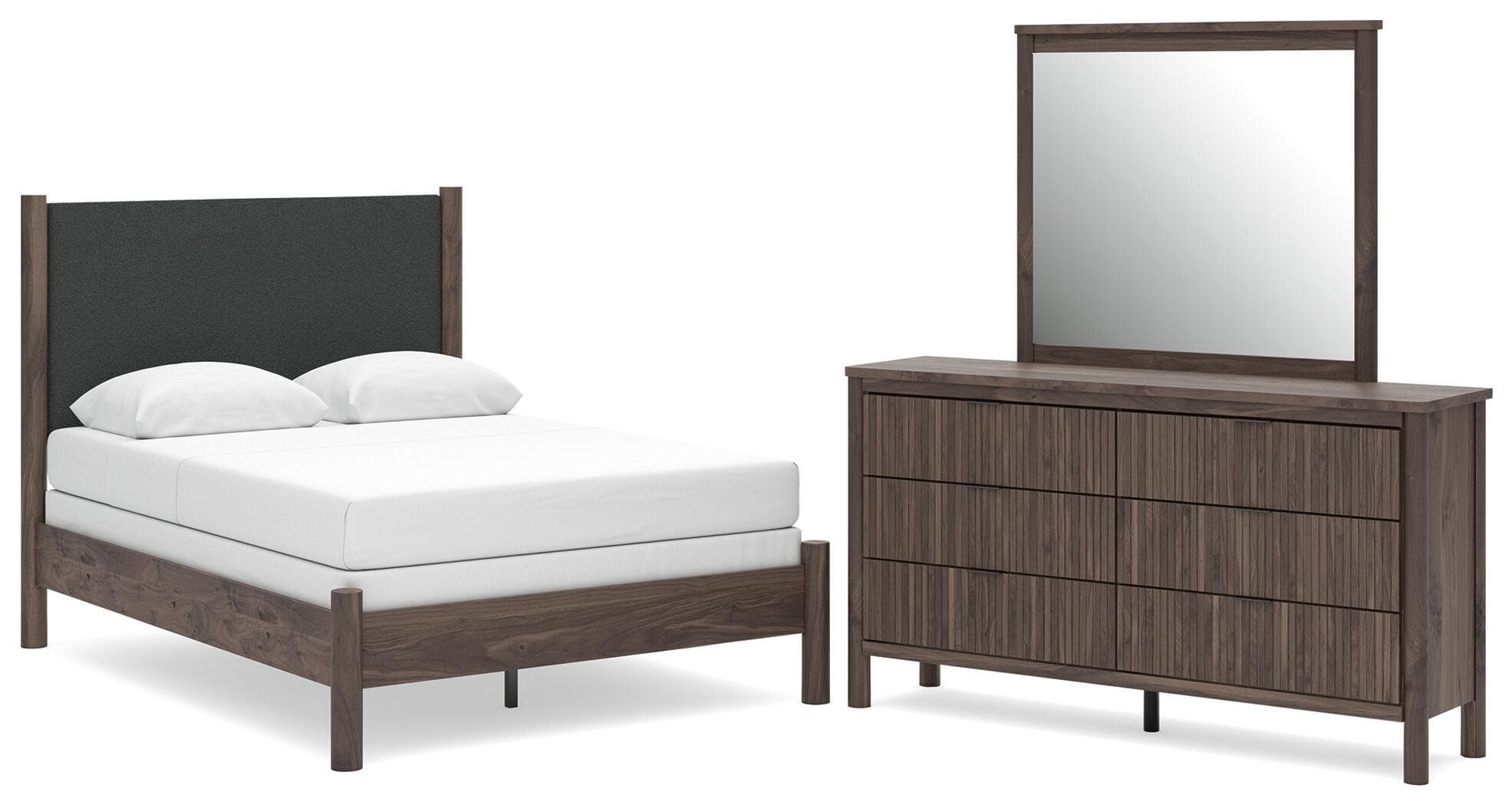 Full Upholstered Panel Bed, Dresser And Mirror