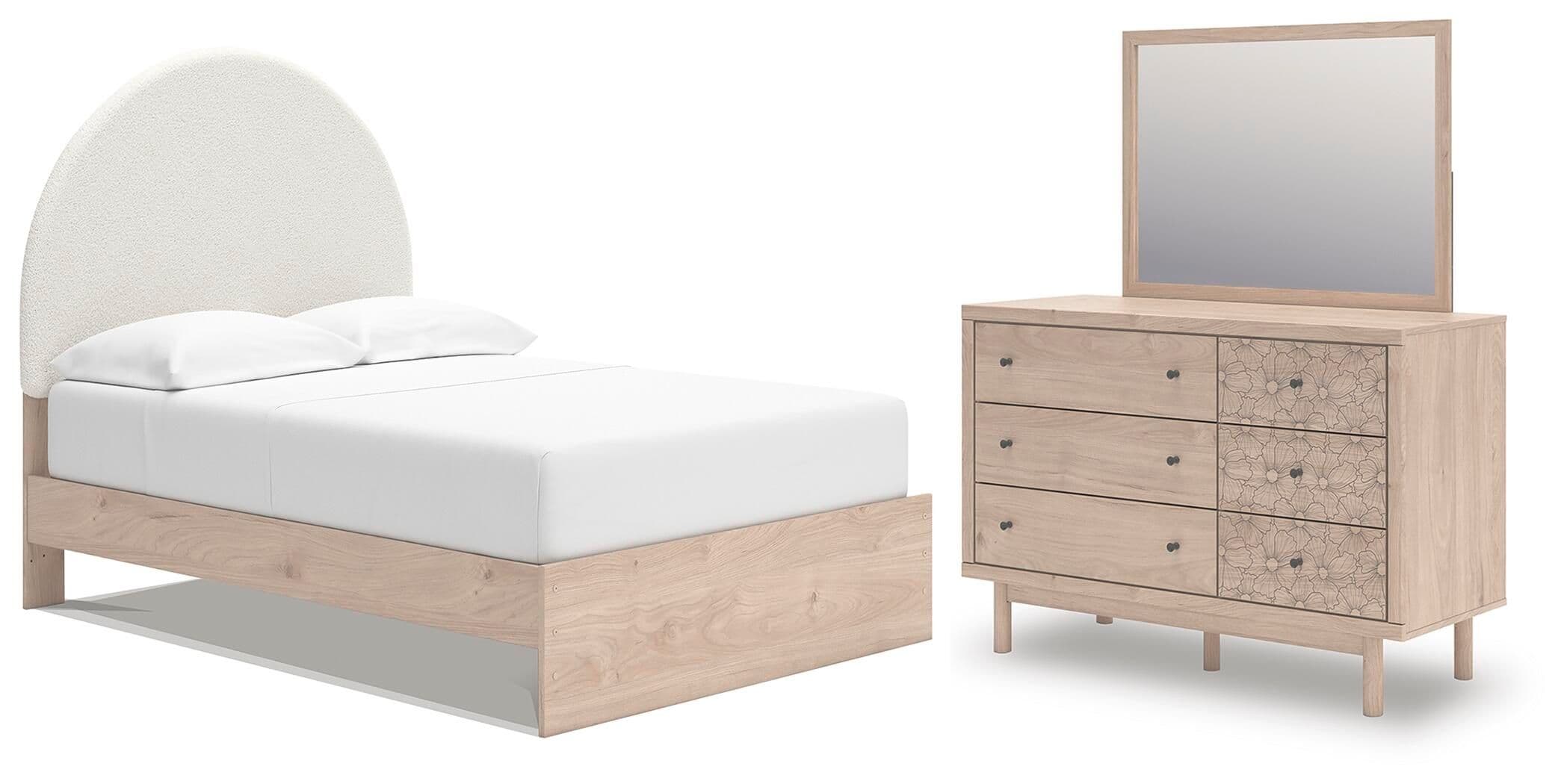 Full Upholstered Panel Bed, Dresser And Mirror