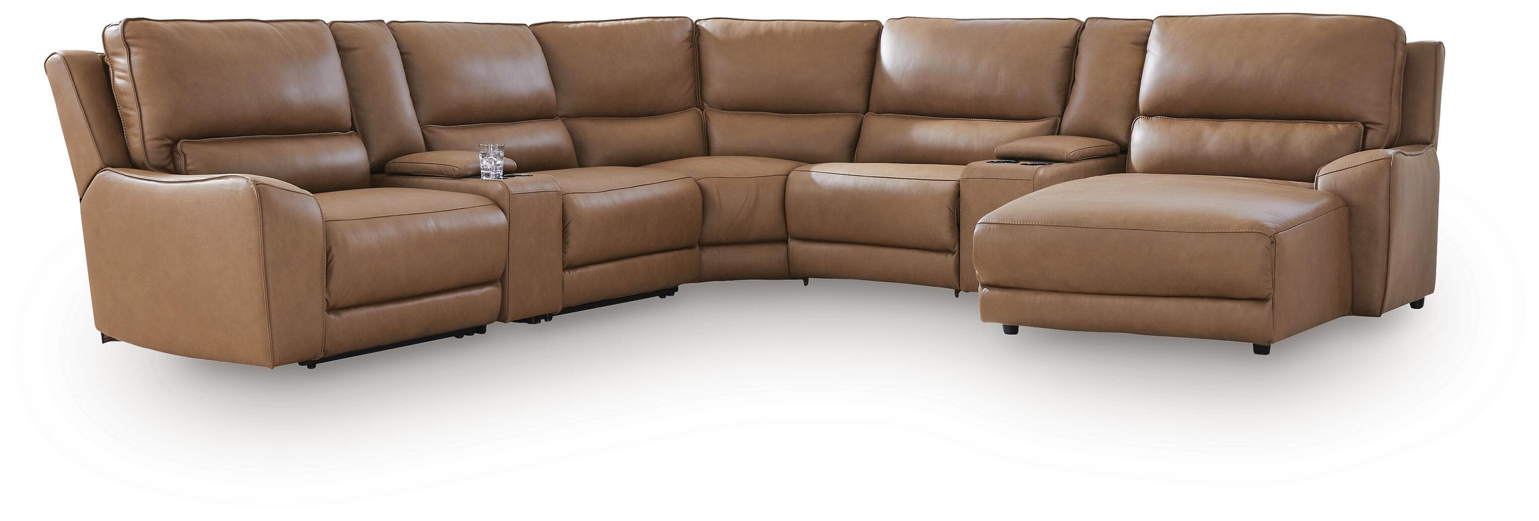 7-Piece Power Reclining Sectional With RAF Press Back Power Chaise And 2 Storage Consoles · Caramel