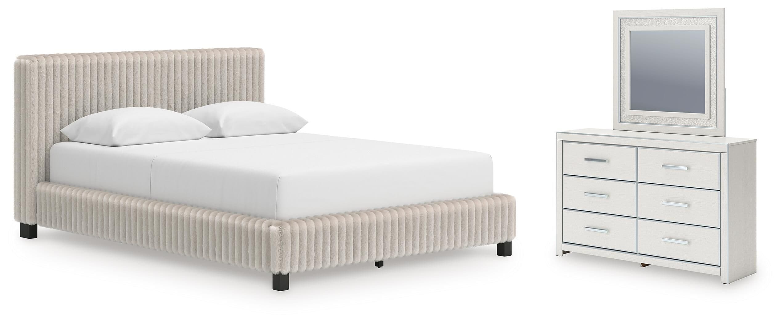 3 Pc. · Queen Upholstered Bed, Dresser And Mirror · White