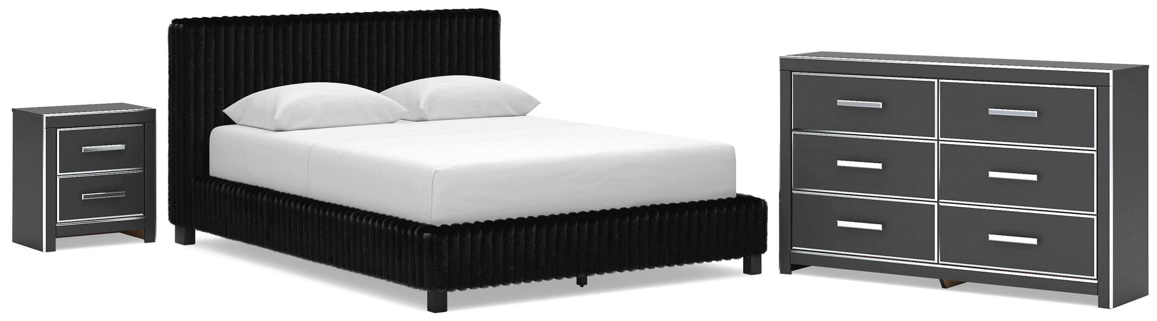 3 Pc. · Queen Upholstered Bed, Dresser And Nightstand · Black