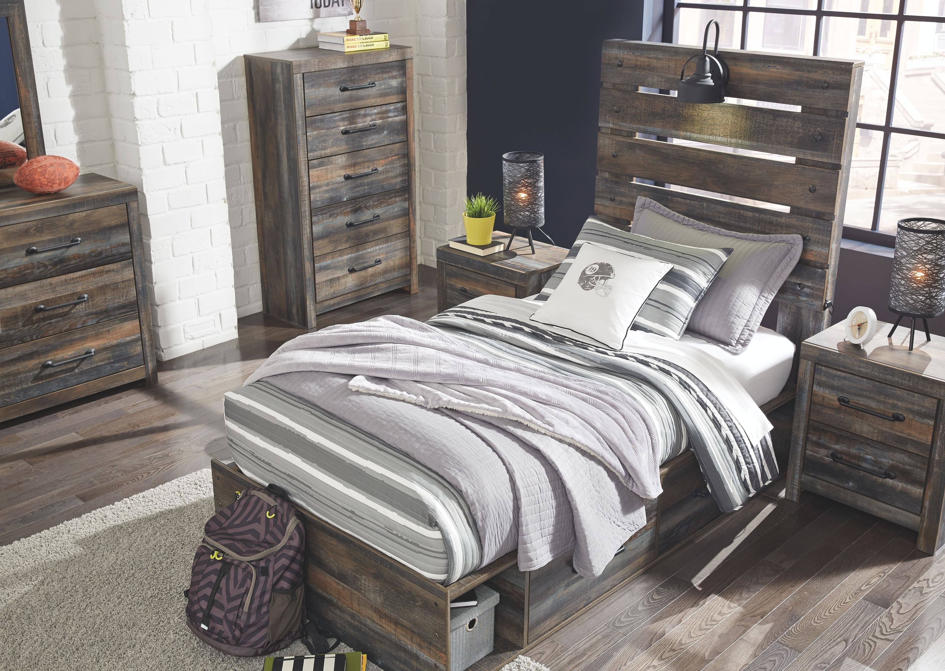 10 Pc. · Dresser, Mirror, Chest, Twin Panel Bed with 4 Side Drawers, 2 Nightstands