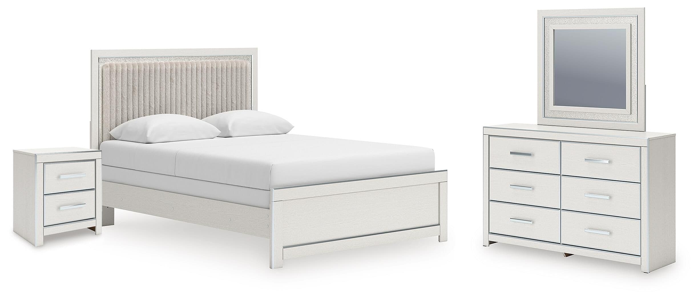 4 Pc. · Queen Upholstered Panel Bed, Dresser, Mirror And Nightstand · White