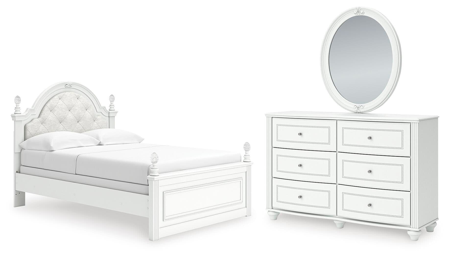 Full Upholstered Panel Bed, Dresser And Mirror