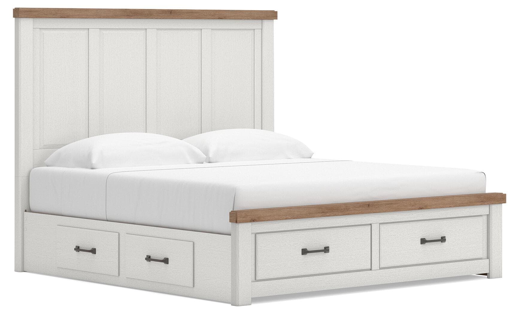 Savonport - King Panel Storage Bed With Storage Footboard And 2 Under Bed Storage Units - White / Brown