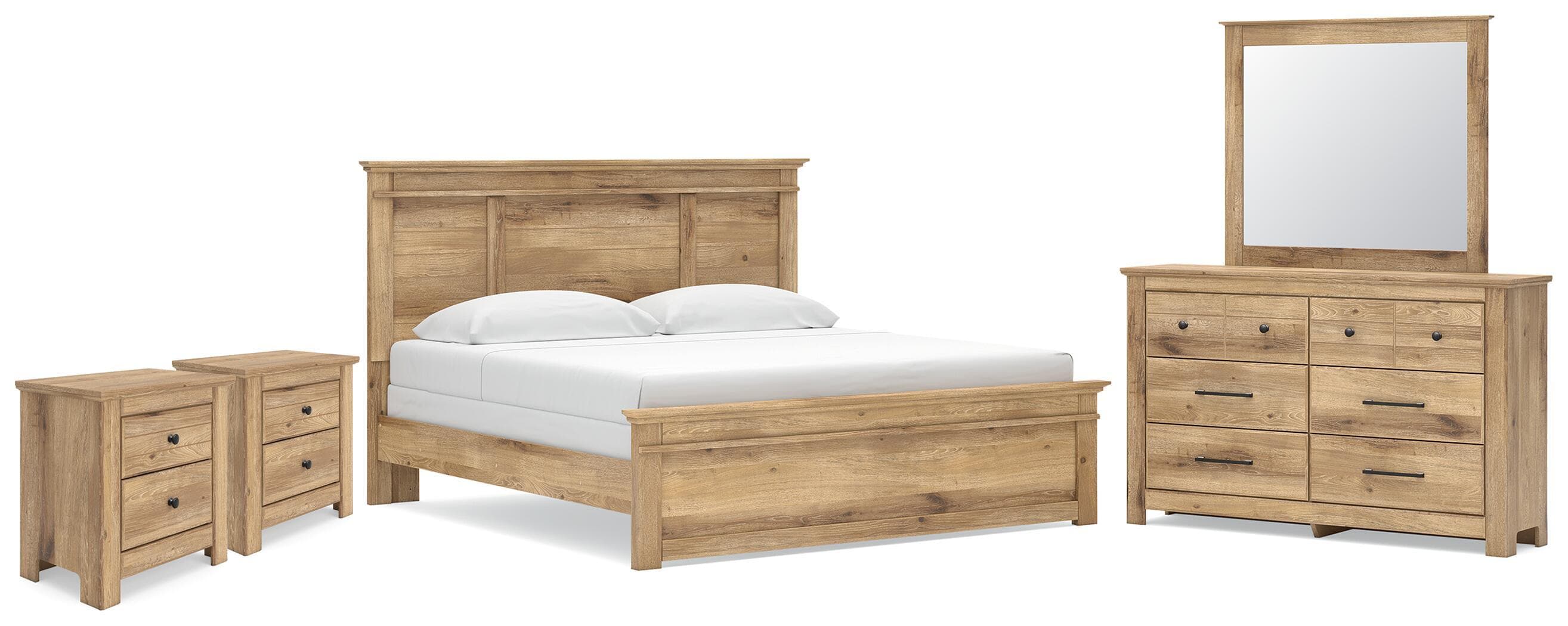 5 Pc. · King Panel Bed, Dresser, Mirror And 2 Nightstands · Tan