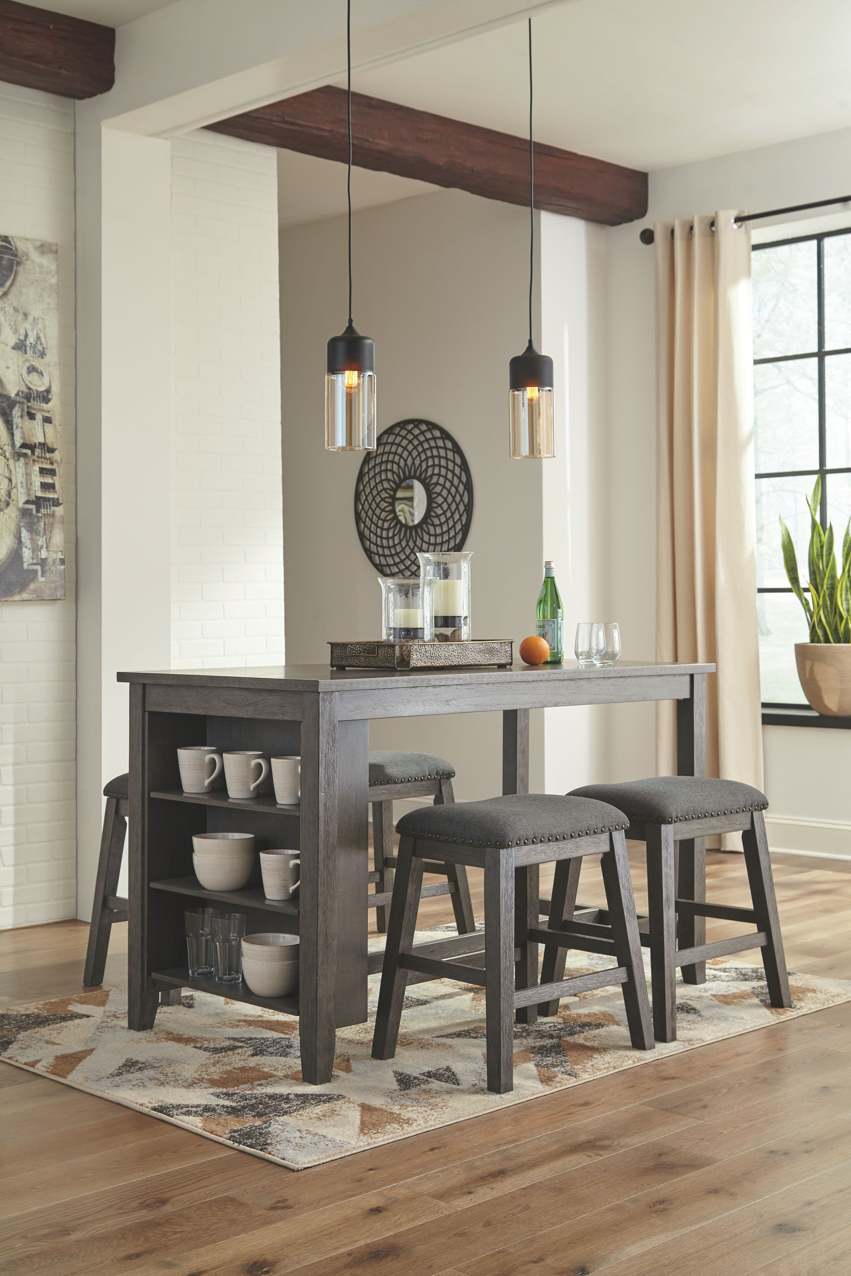 Counter Table, 4 Upholstered Stools