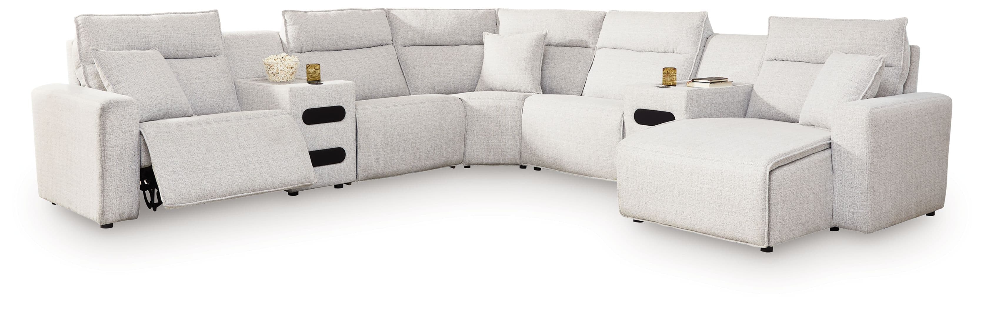7-Piece Power Reclining Sectional With RAF Press Back Power Chaise And Audio Consoles