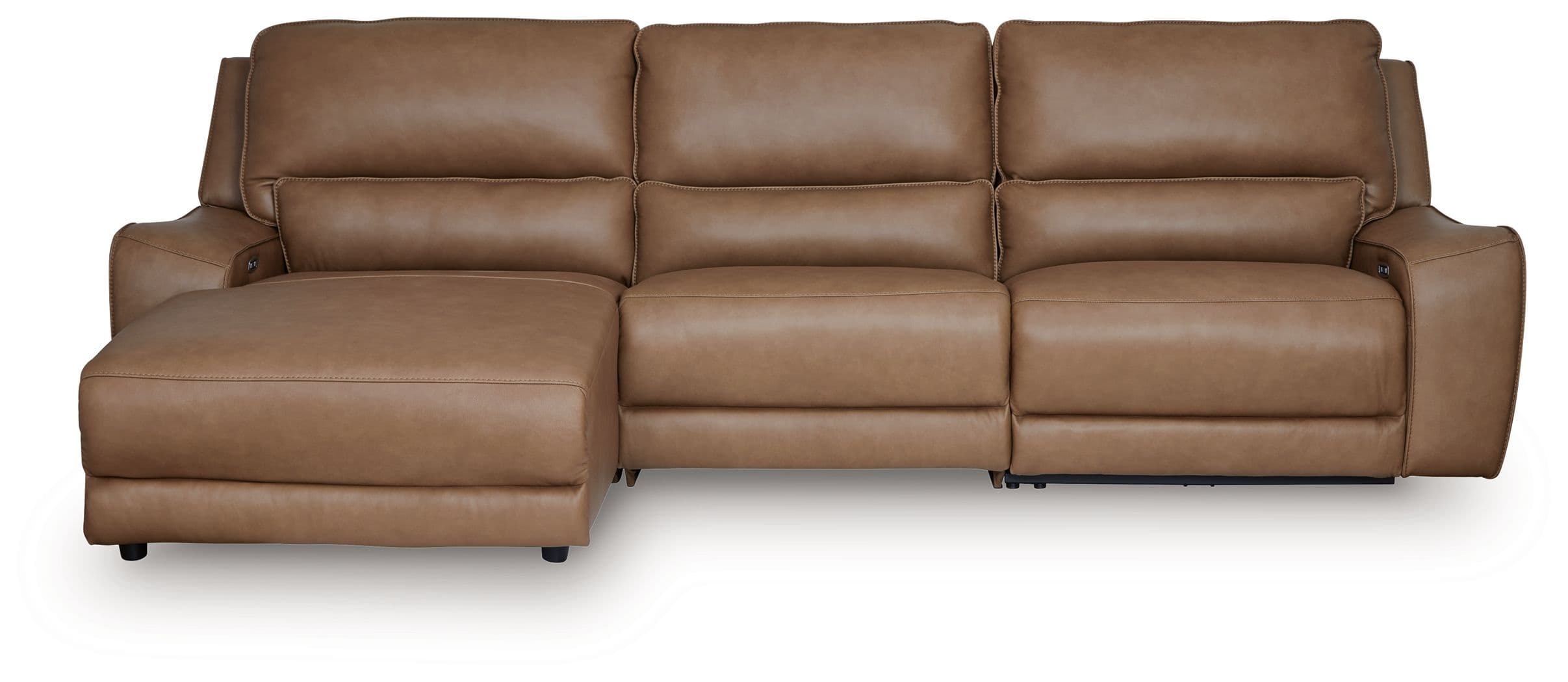 3-Piece Power Reclining Sofa With LAF Press Back Power Chaise · Caramel